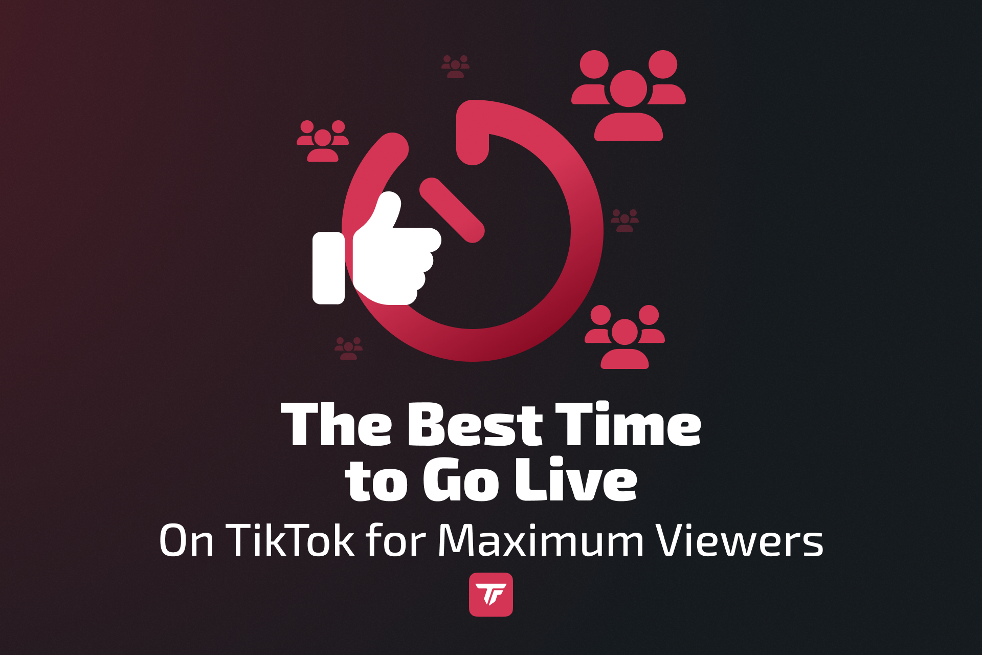 Image with clock and thumbs-up icon, surrounded by user symbols, highlighting the best time to go live on TikTok.