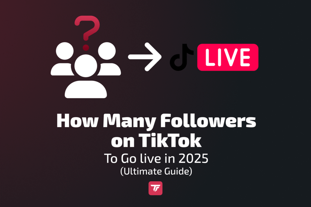 Image shows user icons with a question mark pointing to TikTok Live, asking how many followers are needed to stream in 2025.