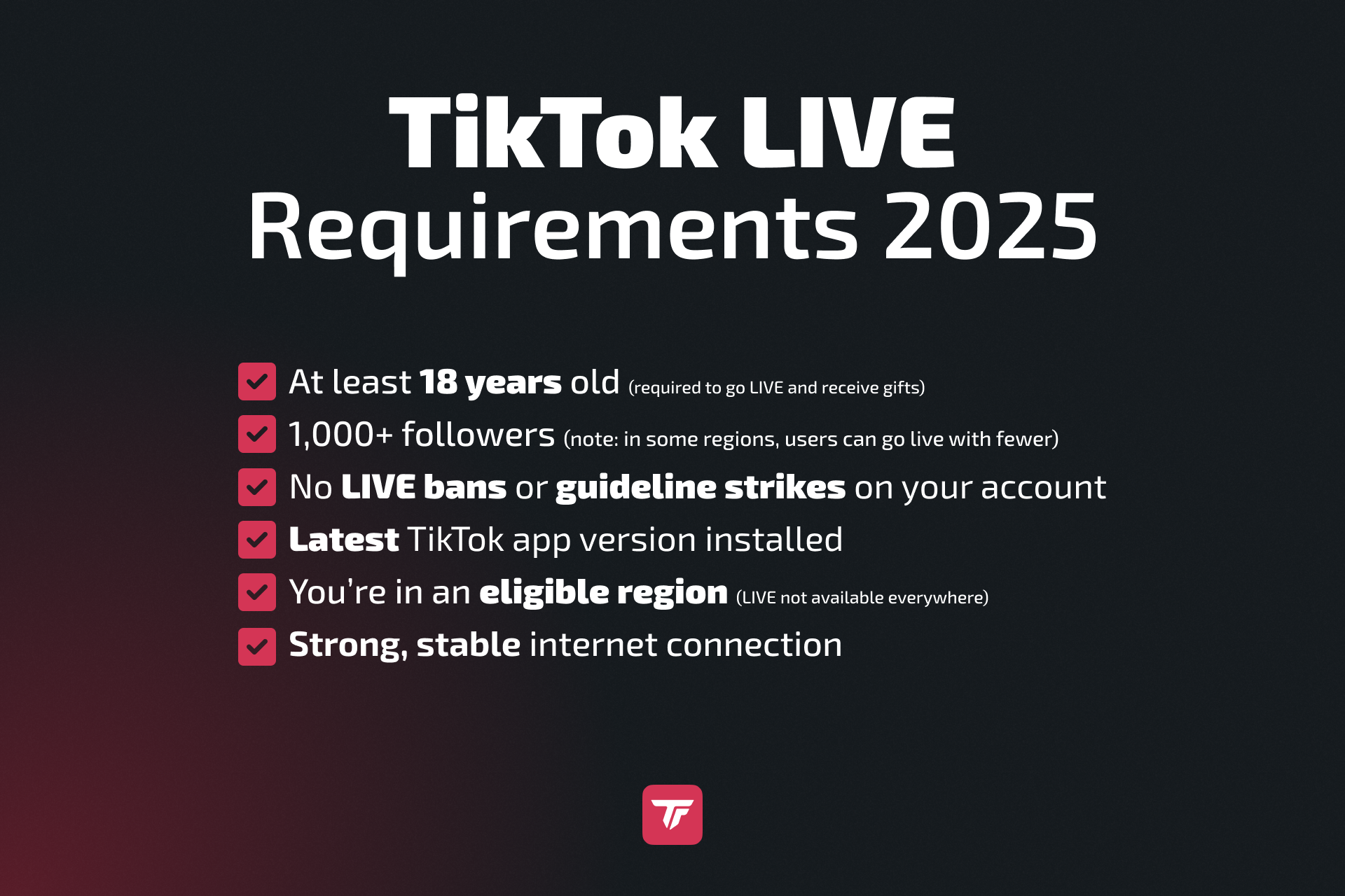 TikTok Live requirements 2025 checklist including age and followers.