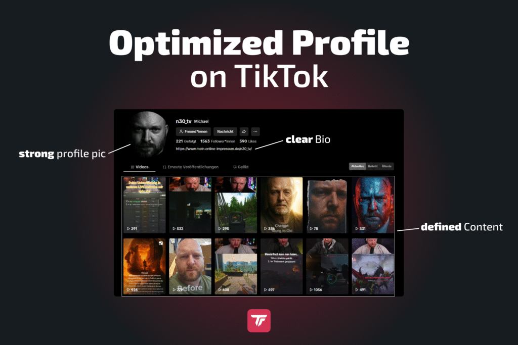 TikTok profile screenshot labeled with tips: strong profile pic, clear bio, and defined content for livestream growth.