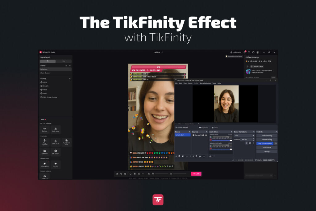 TikTok Live Studio with TikFinity showing goal bars and gift alerts.