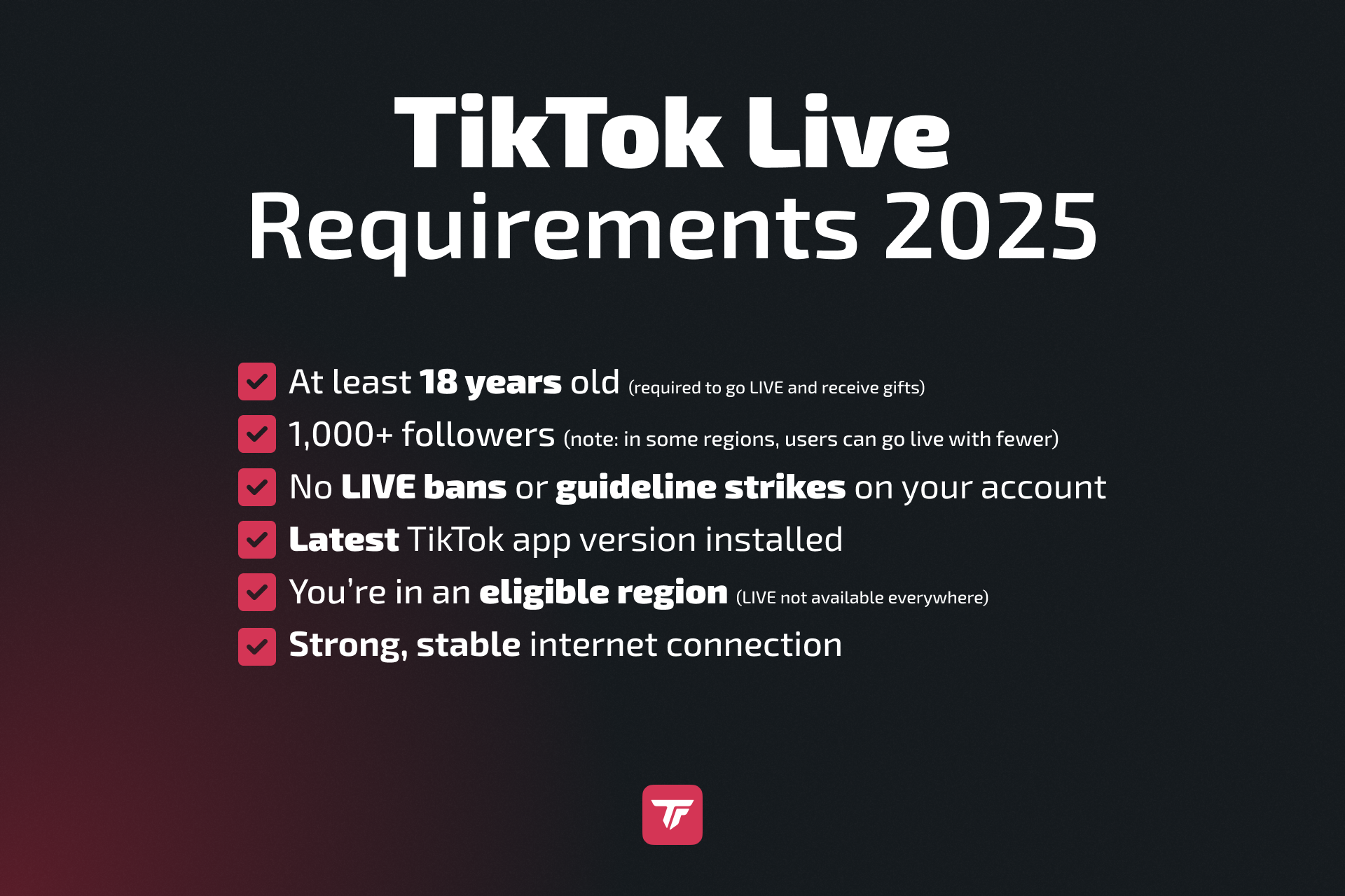 Lista de verificación de los requisitos de TikTok Live 2025 que incluye la edad y los followers.