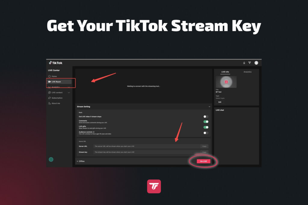 TikTok Live Center showing stream key setup step 1.