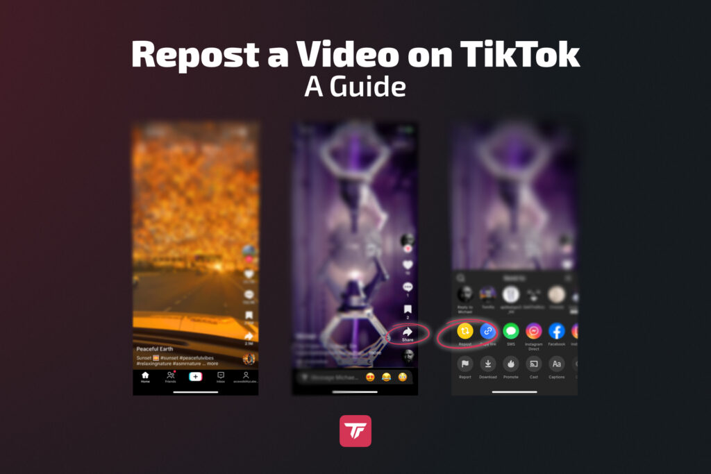 Tutorial showing how to repost a TikTok video using the share and repost buttons.