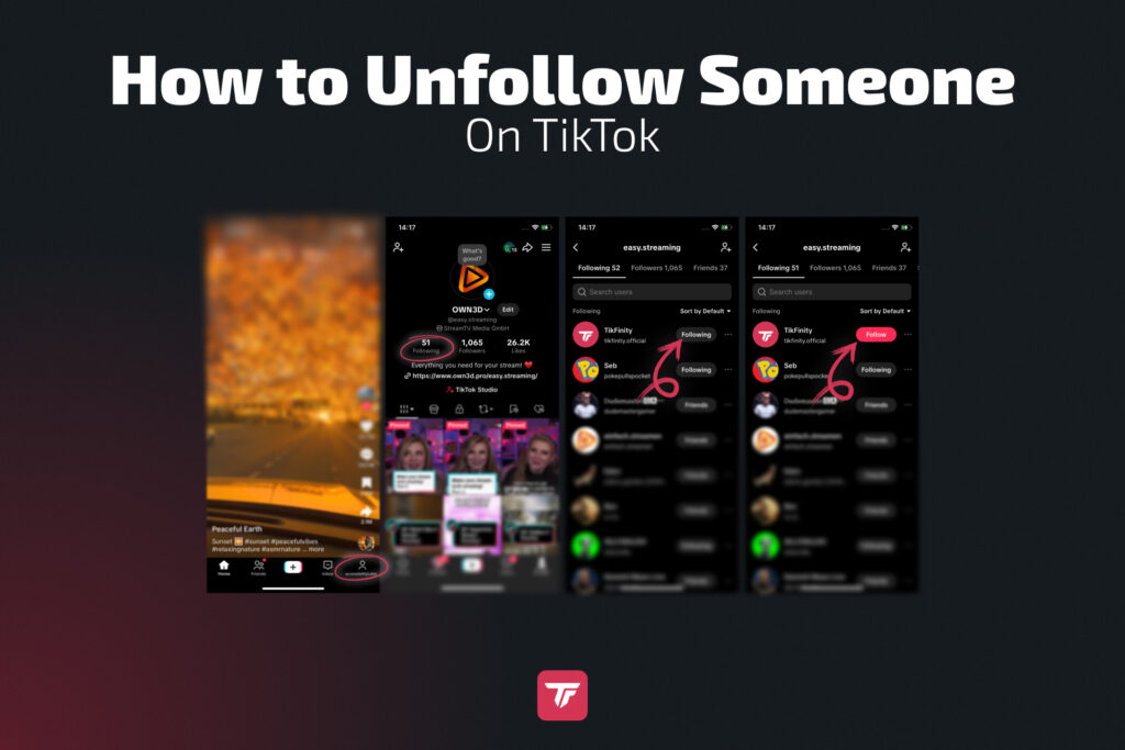 TikTok tutorial showing steps to unfollow users in the app.