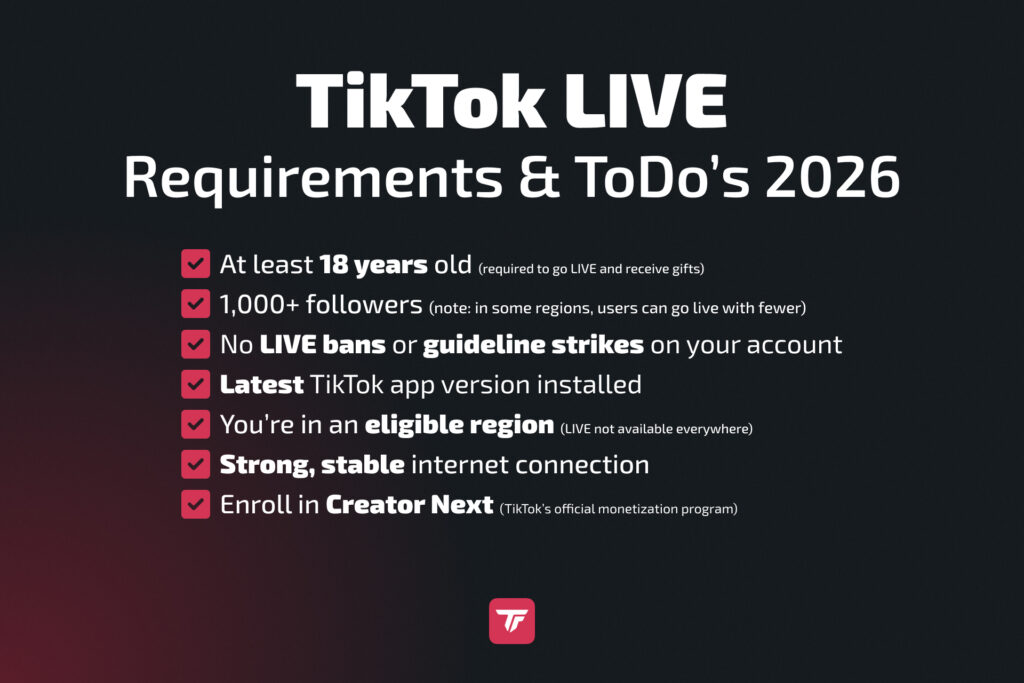 TikTok Live requirements 2026 checklist including age and followers.