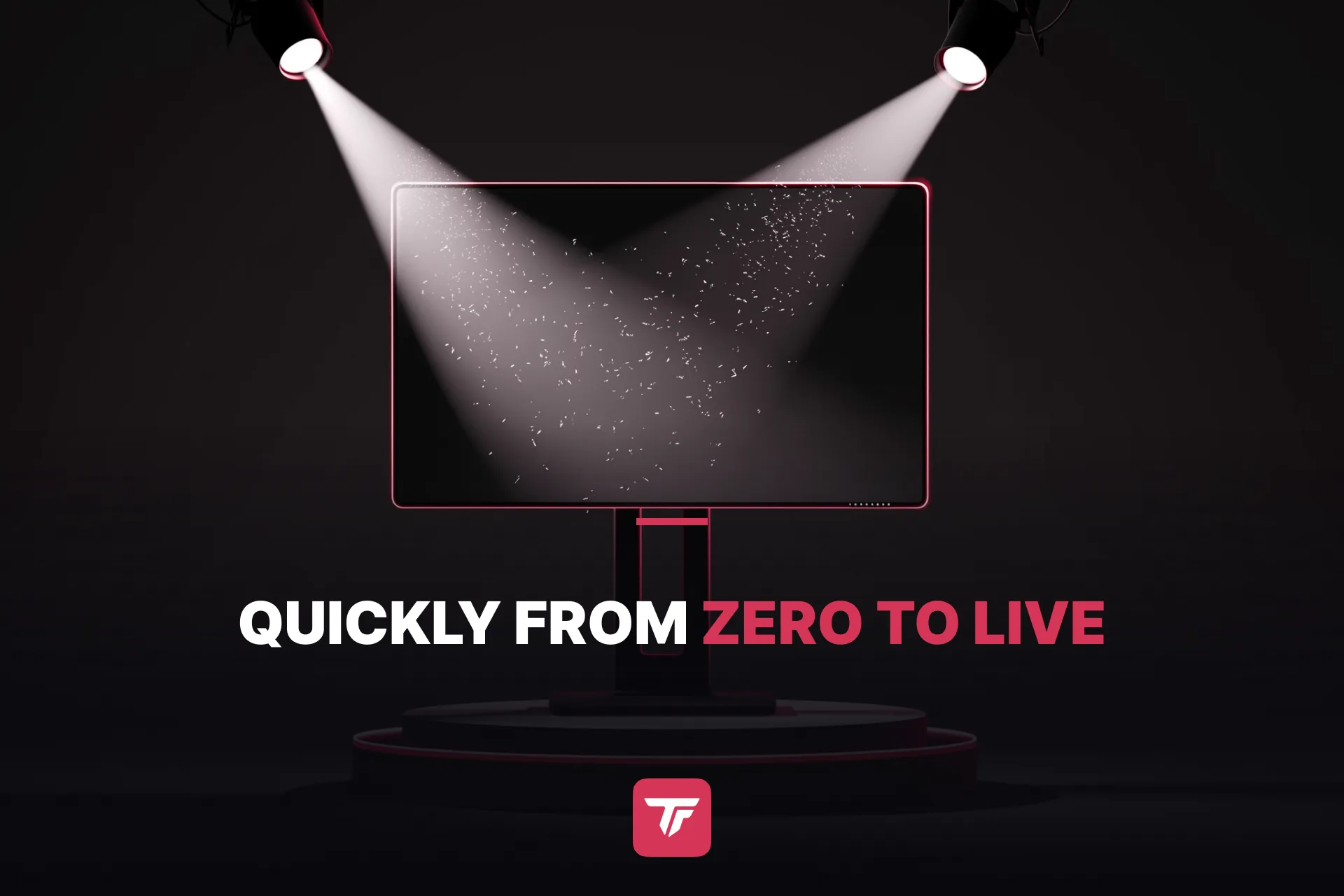 graphic: desktop streaming setup going live on TikTok LIVE, dark style with crimson accents (Motiv + Headline: Melas Freigabe ausstehend)