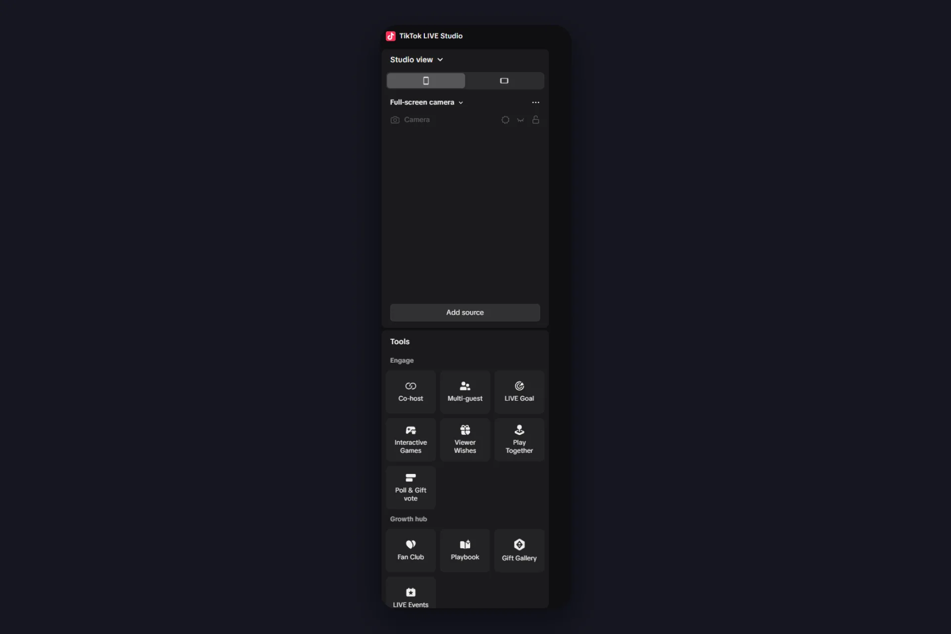 the Studio view panel with the mobile preview toggle and the Tools section