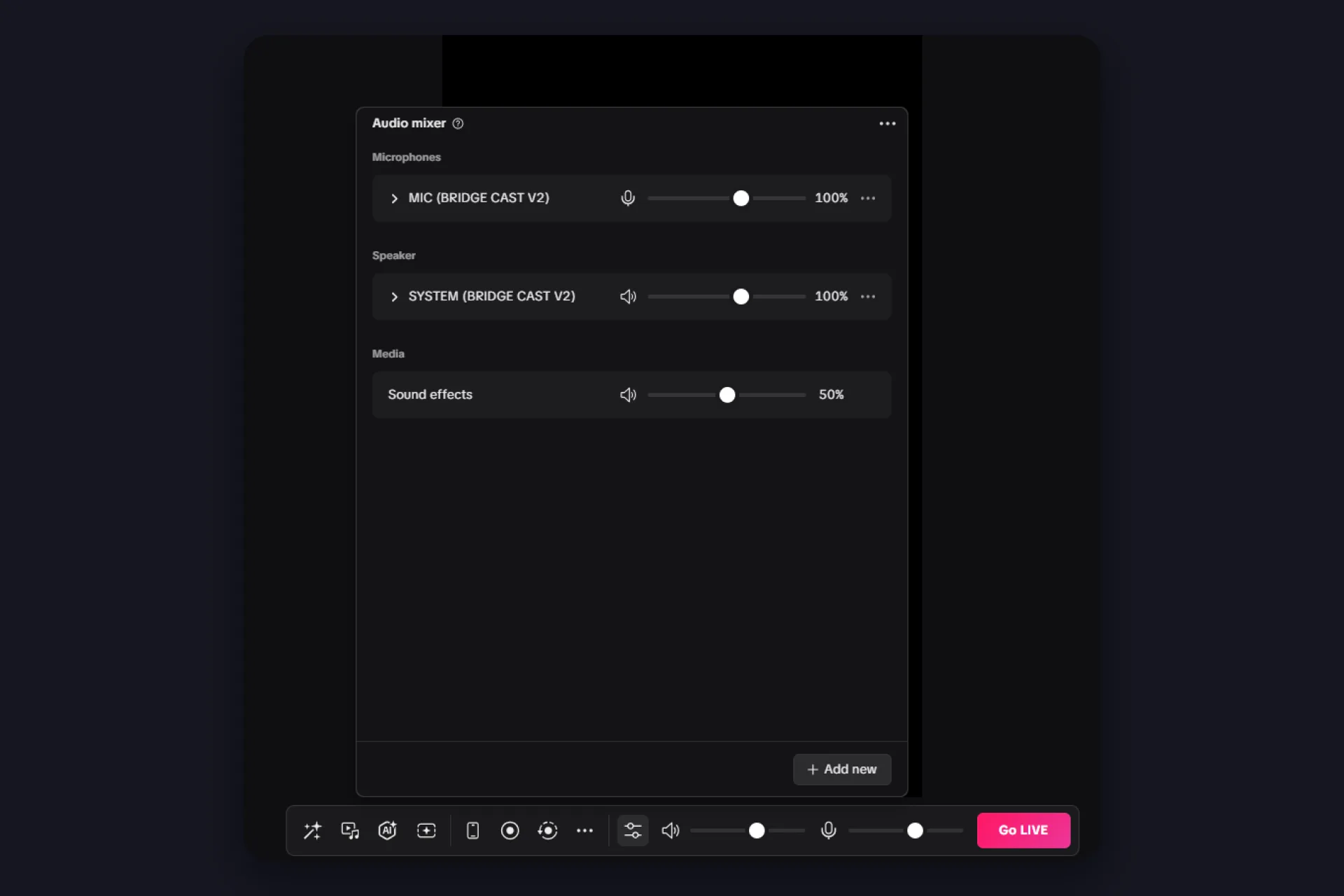 the audio mixer with microphone, speaker and sound effects channels