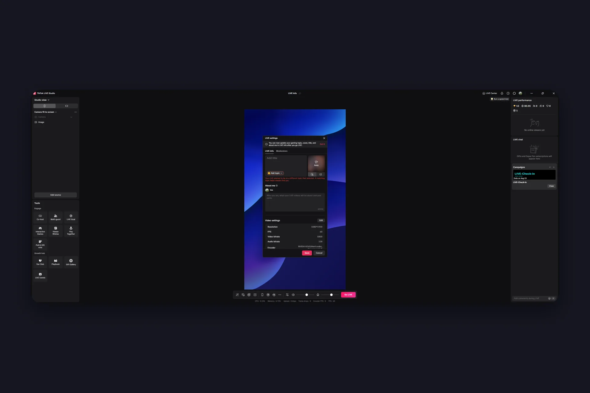 the LIVE settings window with title, topic, about me and video settings