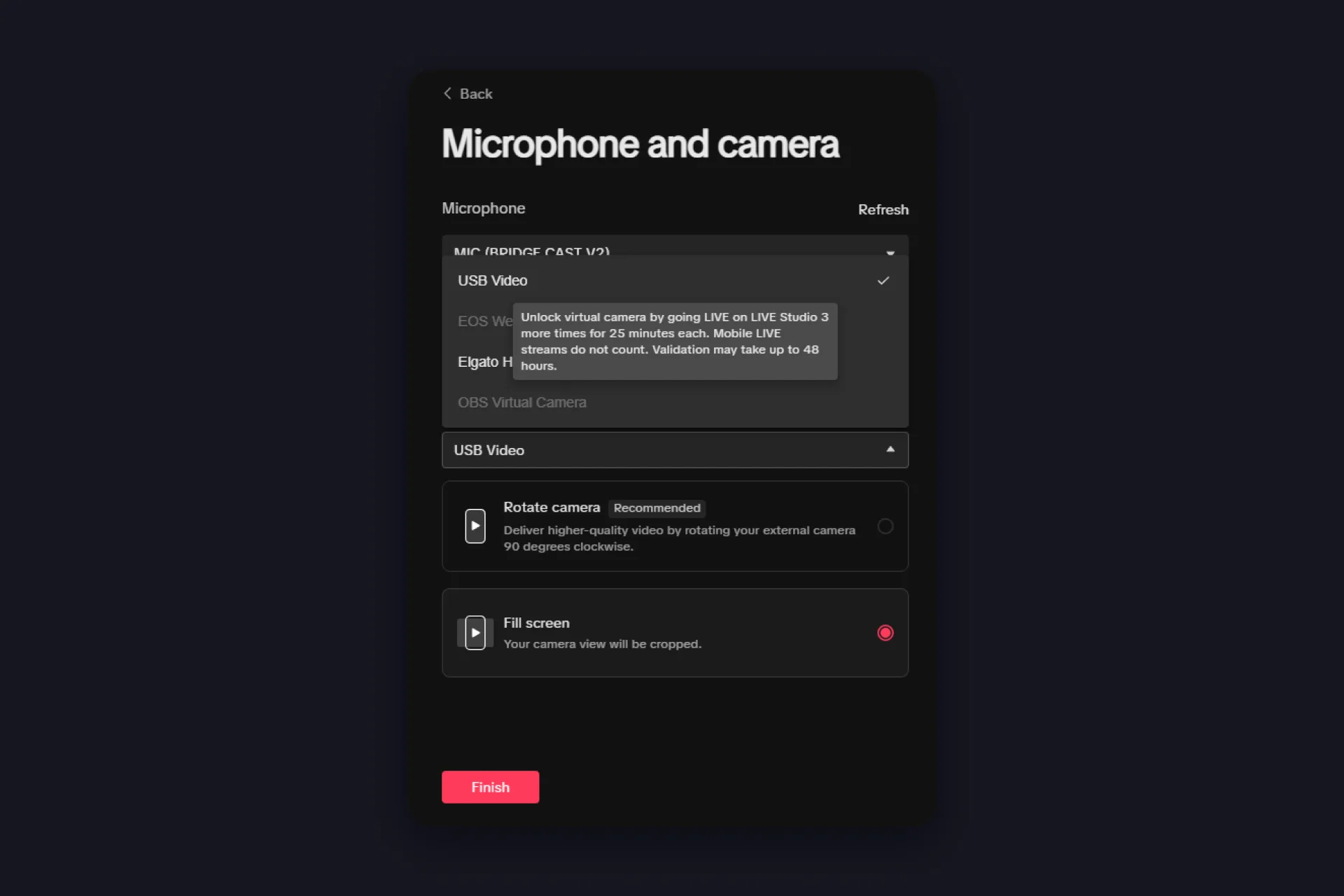 LIVE Studio camera picker showing the locked OBS Virtual Camera with the unlock requirements