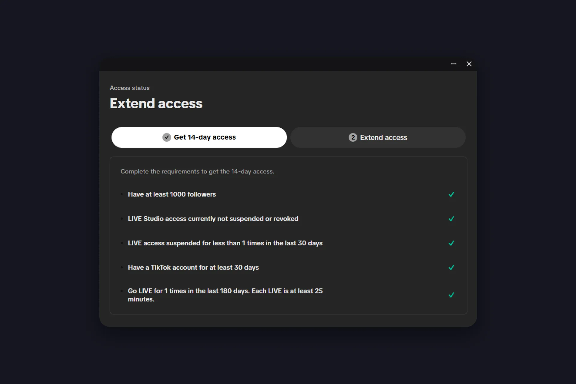the Get 14-day access tab with the requirement checklist
