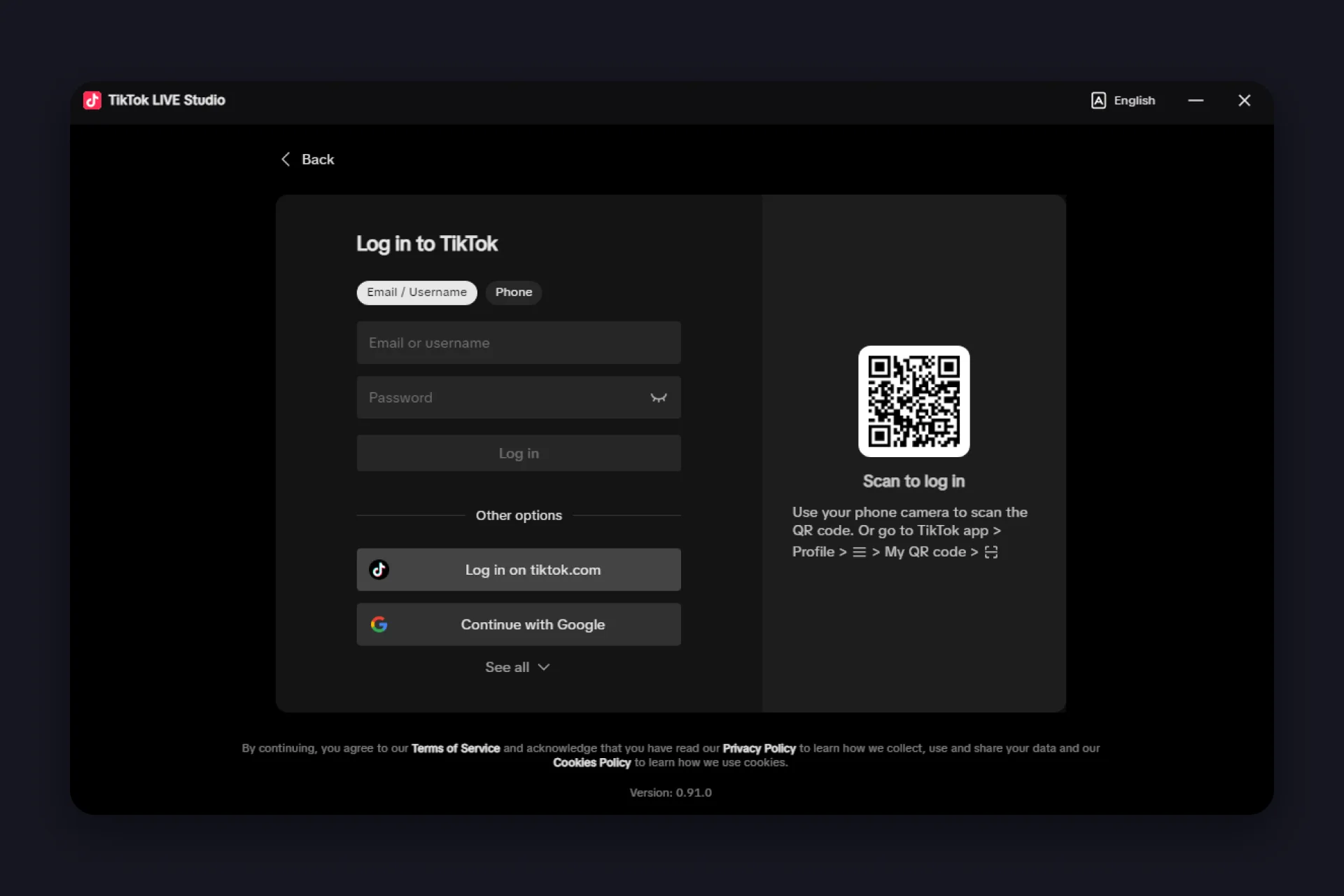 the login screen with the QR code and all login options