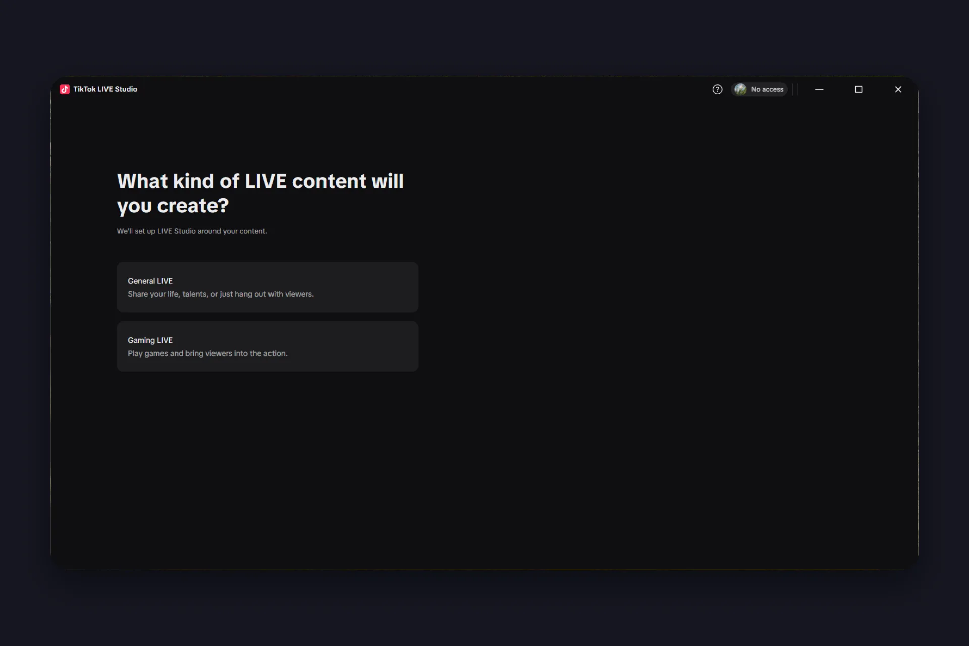 setup wizard step 1, choosing the type of LIVE content