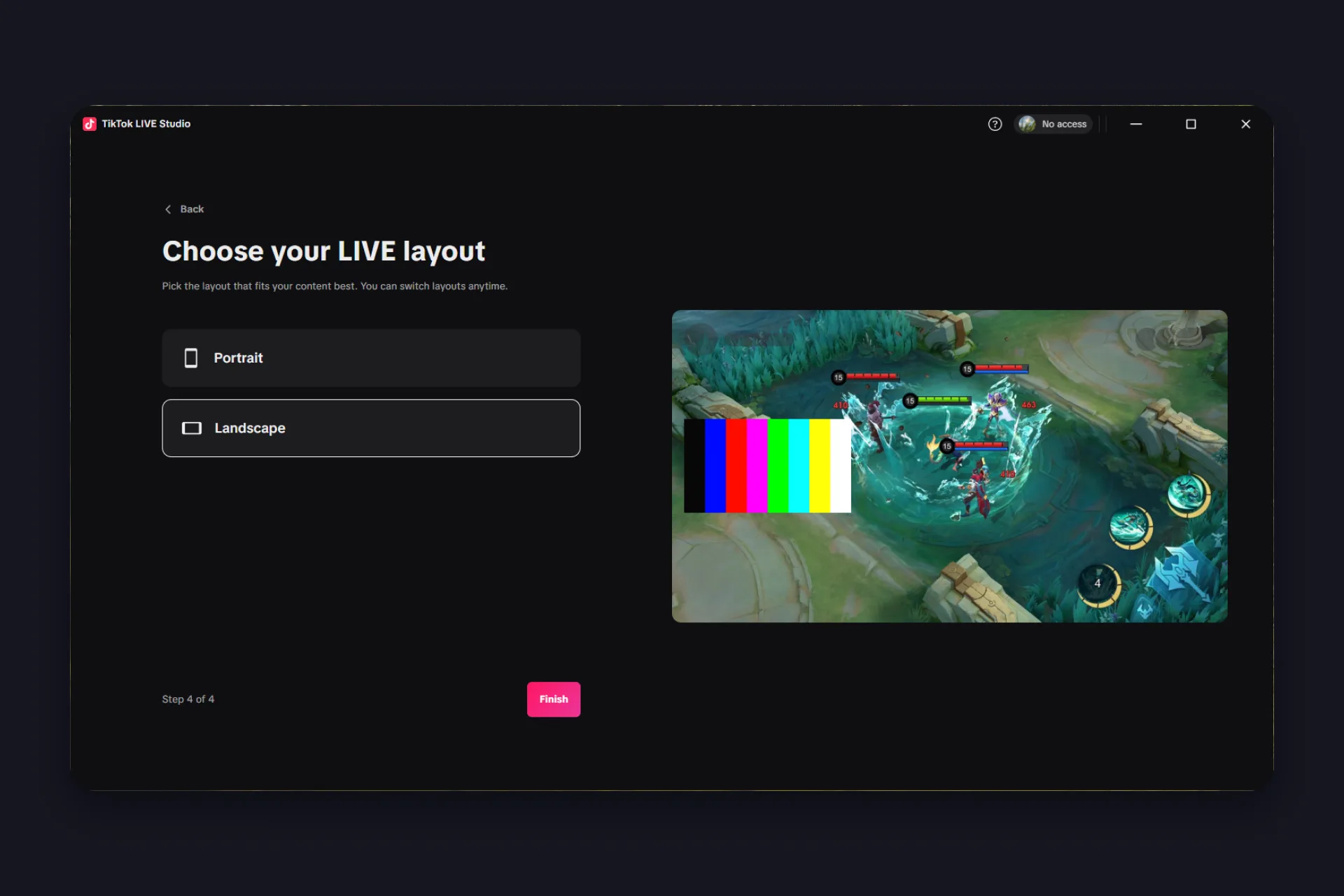 setup wizard step 4, choosing the LIVE layout for gaming