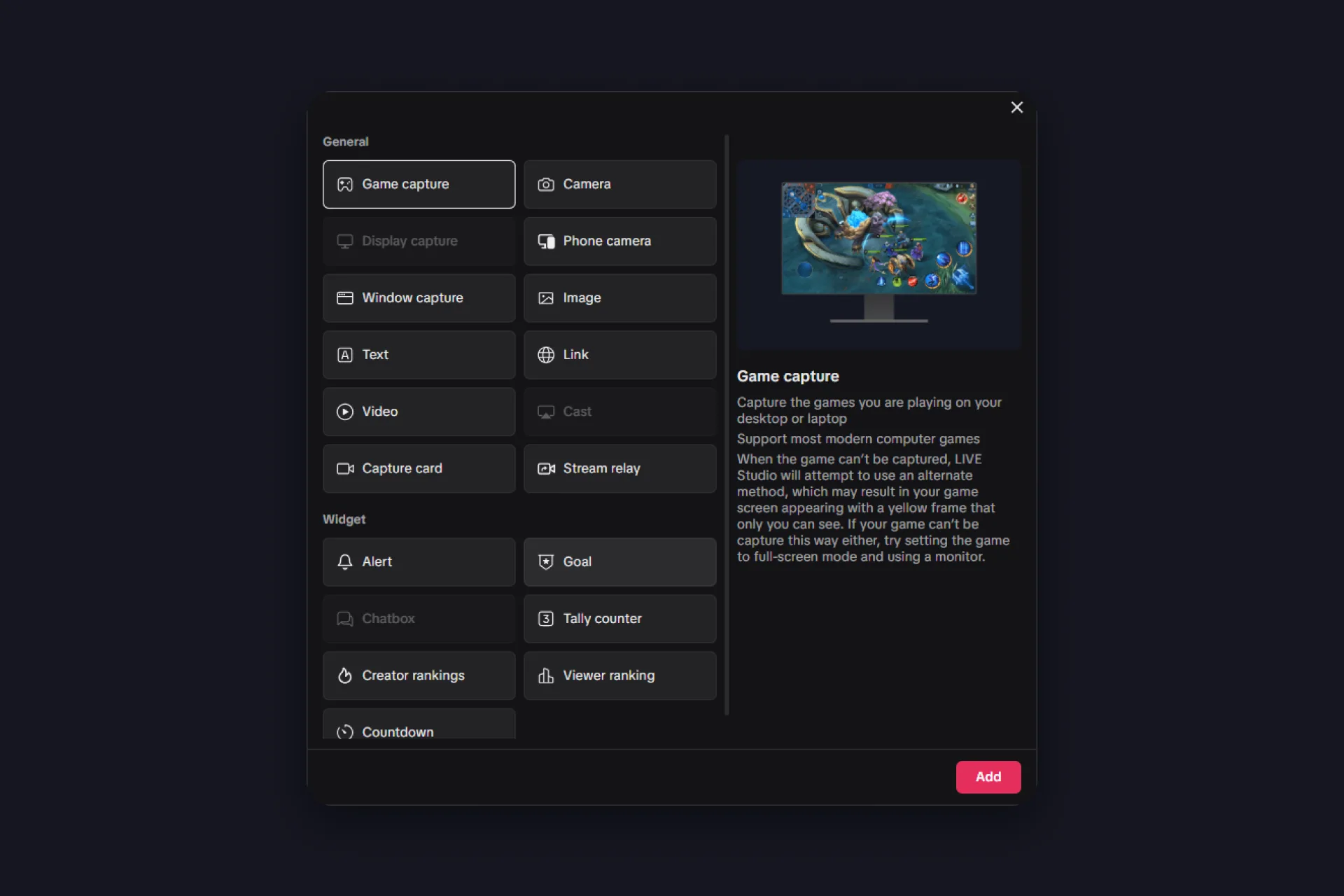 the Add source menu in LIVE Studio with all source types and the widget section
