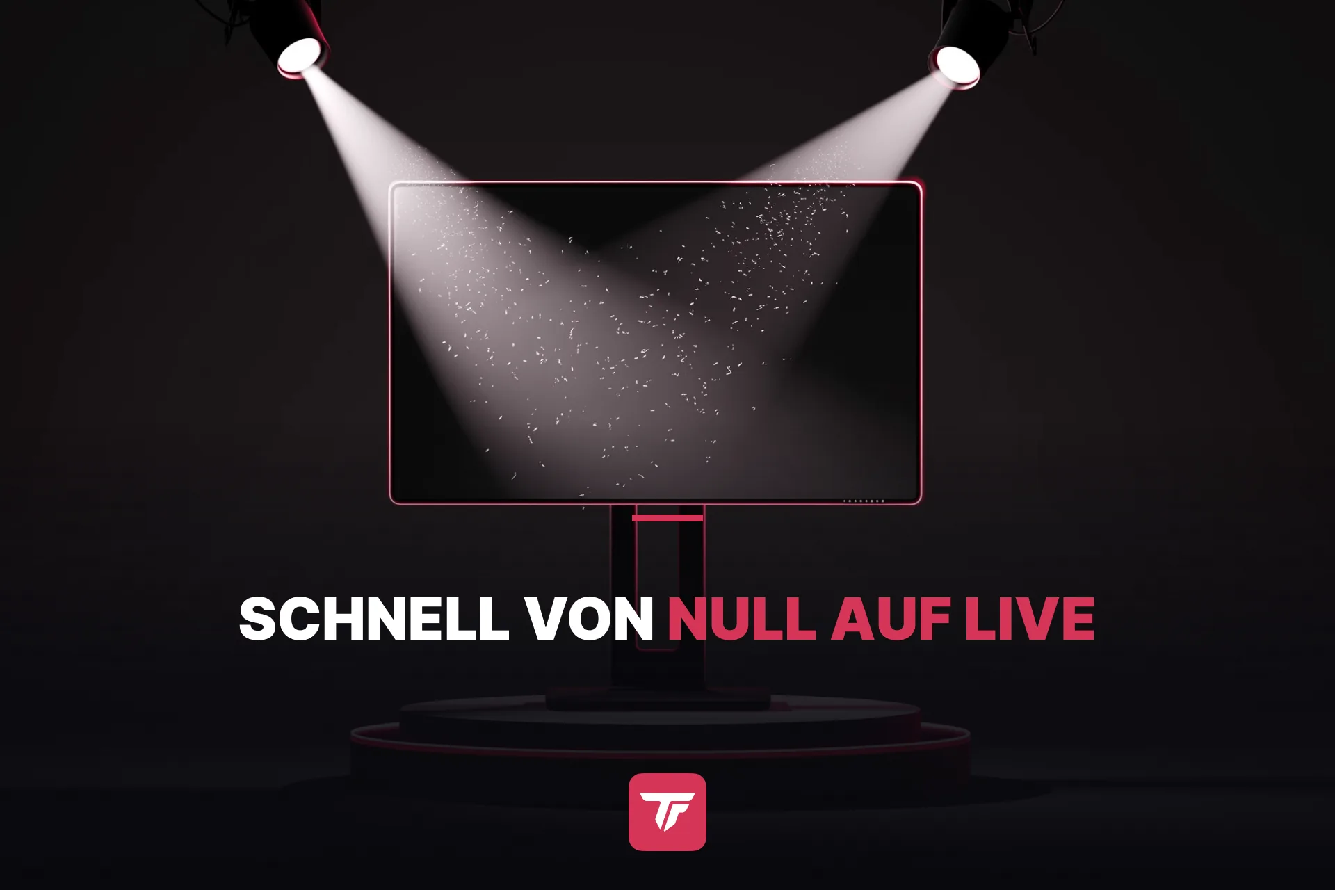 Grafik: Desktop-Streaming-Setup geht live auf TikTok LIVE, dunkler Stil mit Crimson-Akzenten