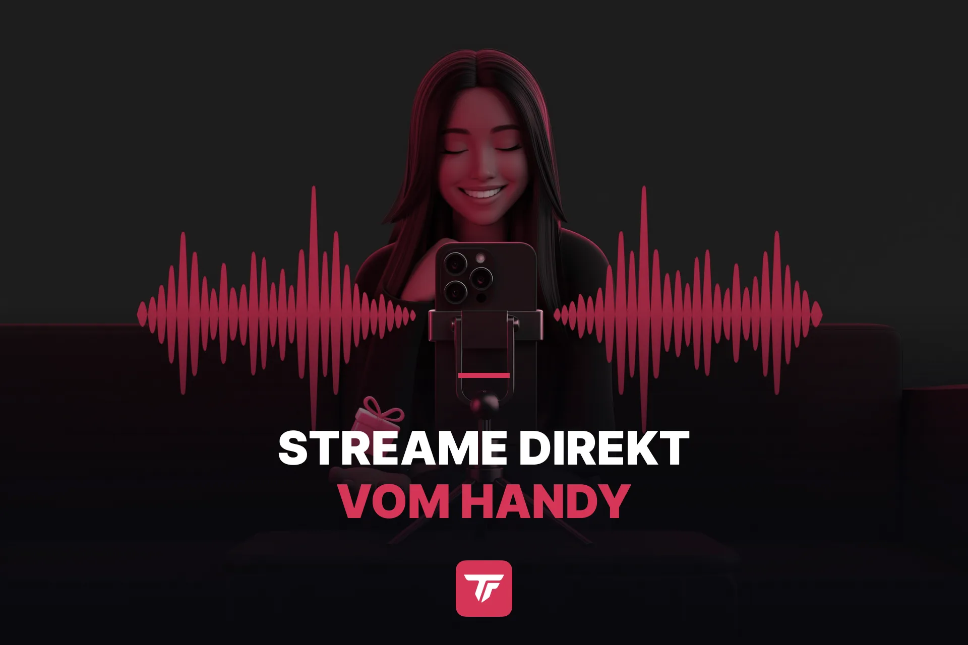 Streamerin geht mit ihrem Handy auf einem kleinen Stativ von der Couch aus live, bunte Soundwellen und ein Geschenk-Icon poppen um das Handy auf