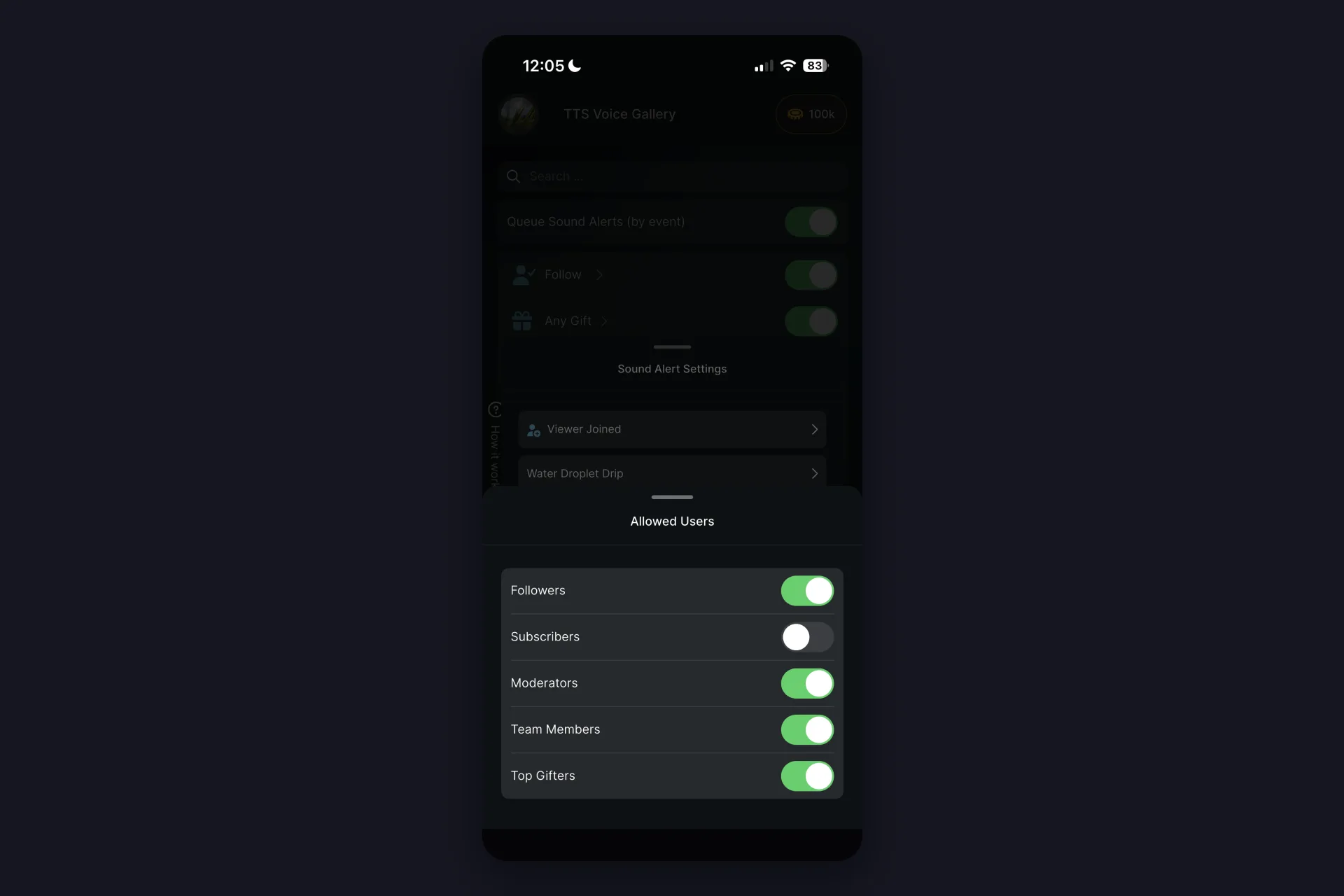 Screenshot - Allowed Users toggles for the Viewer Joined alert in TikFinity Mobile