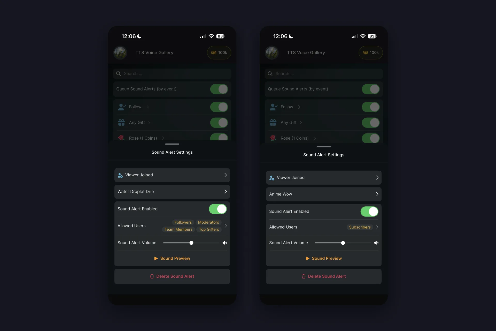 Screenshot - two Viewer Joined alerts side by side, one subtle for followers, one distinctive for subscribers