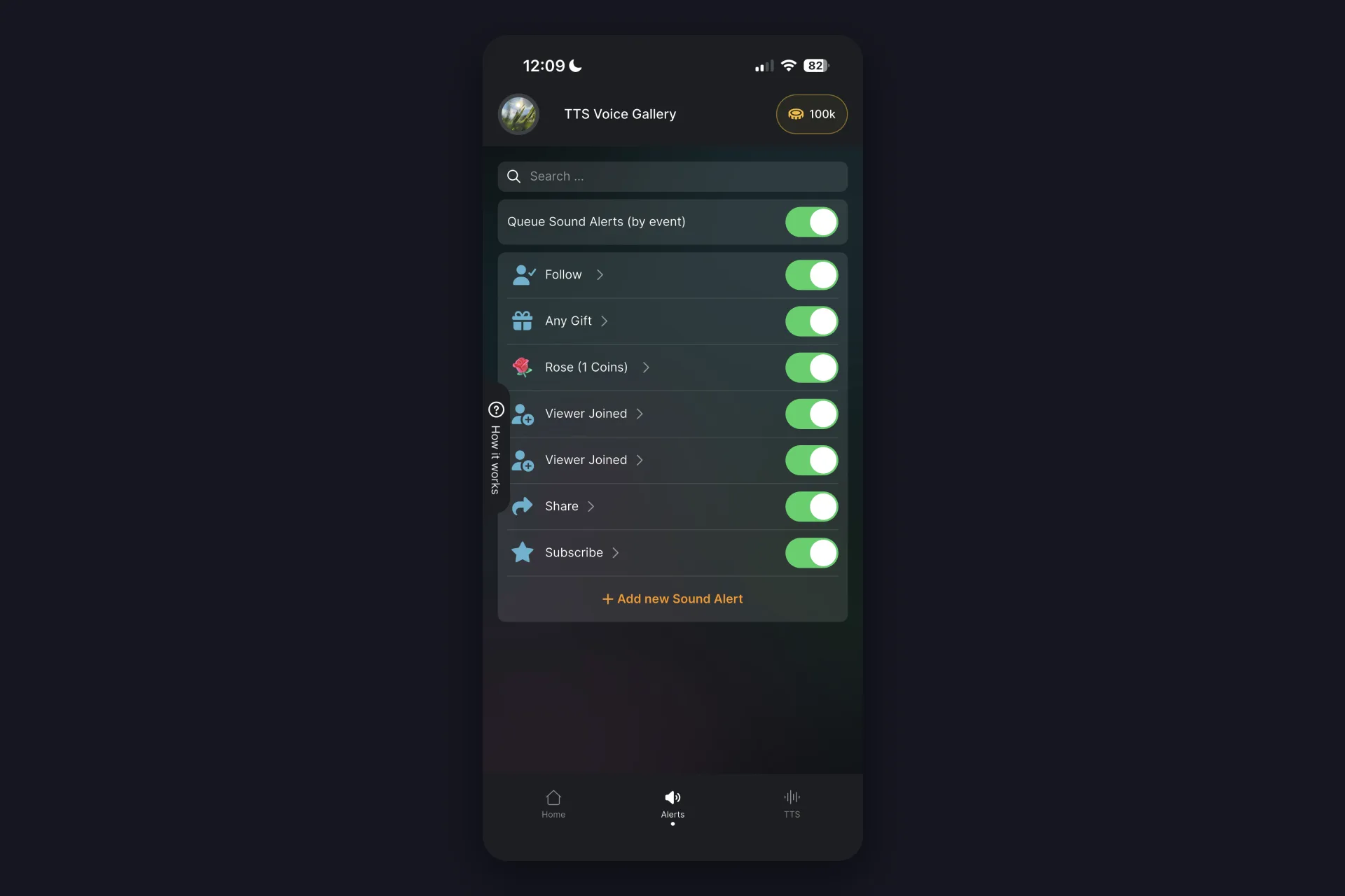 Screenshot - full alerts list in TikFinity Mobile with Follow, Any Gift, Rose, Viewer Joined, Share and Subscribe