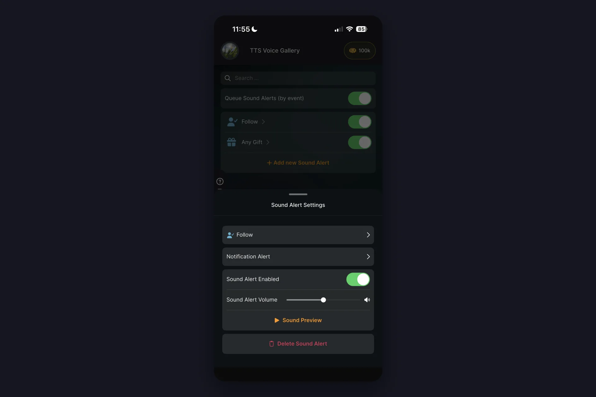 Screenshot - Sound Alert Settings for the Follow alert in TikFinity Mobile