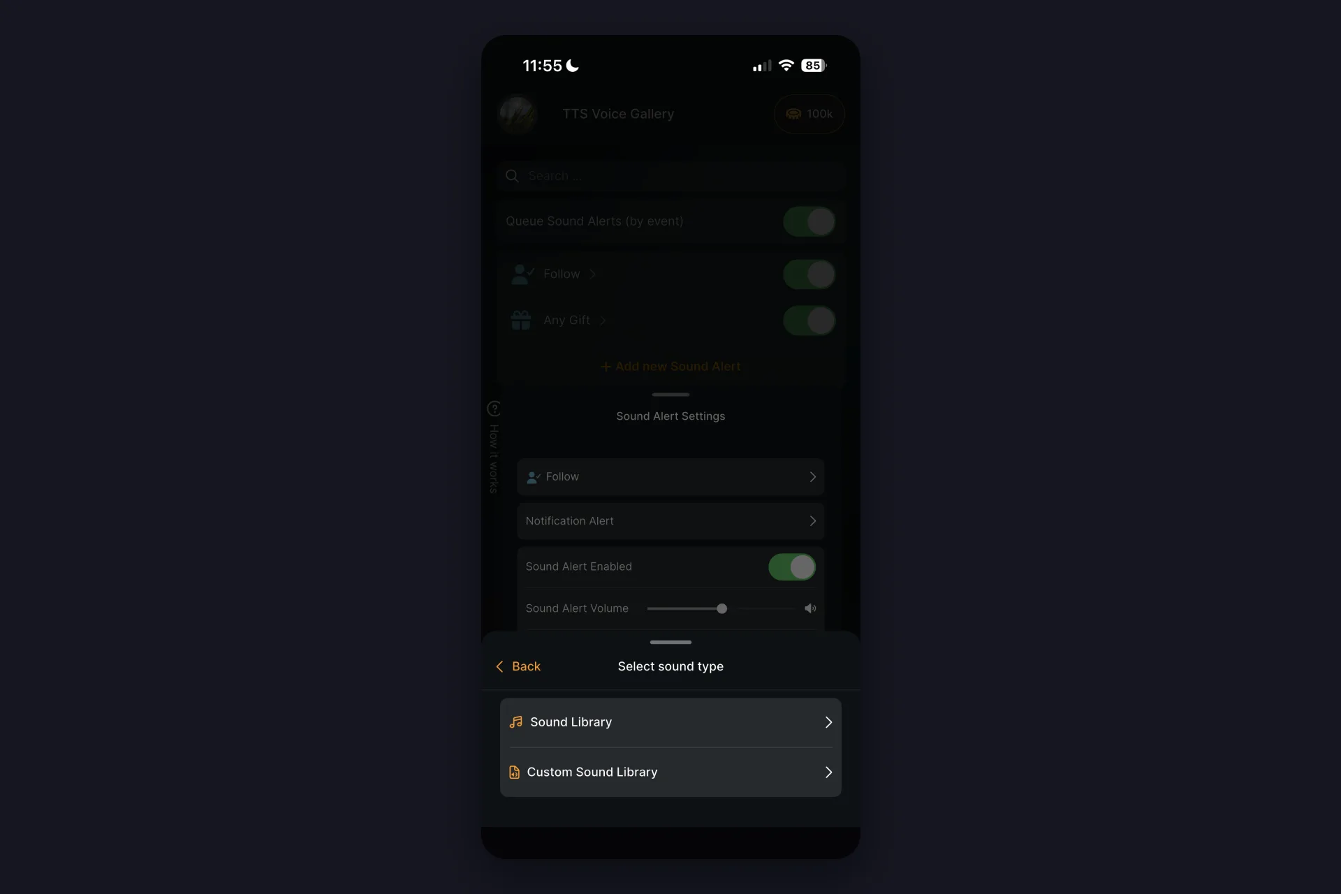 Screenshot - Select sound type in TikFinity Mobile with Sound Library and Custom Sound Library