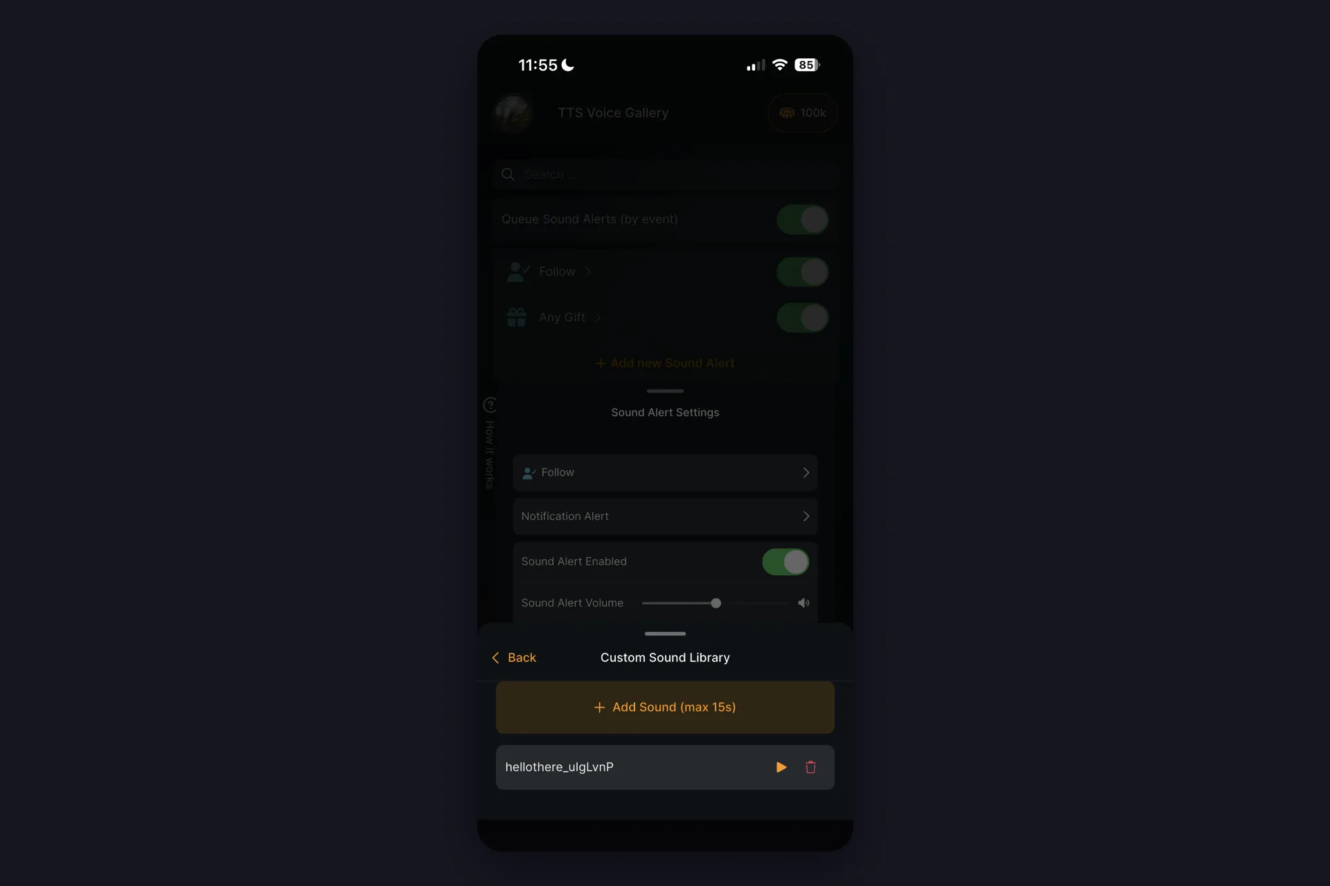 Screenshot - Custom Sound Library in TikFinity Mobile with Add Sound max 15s