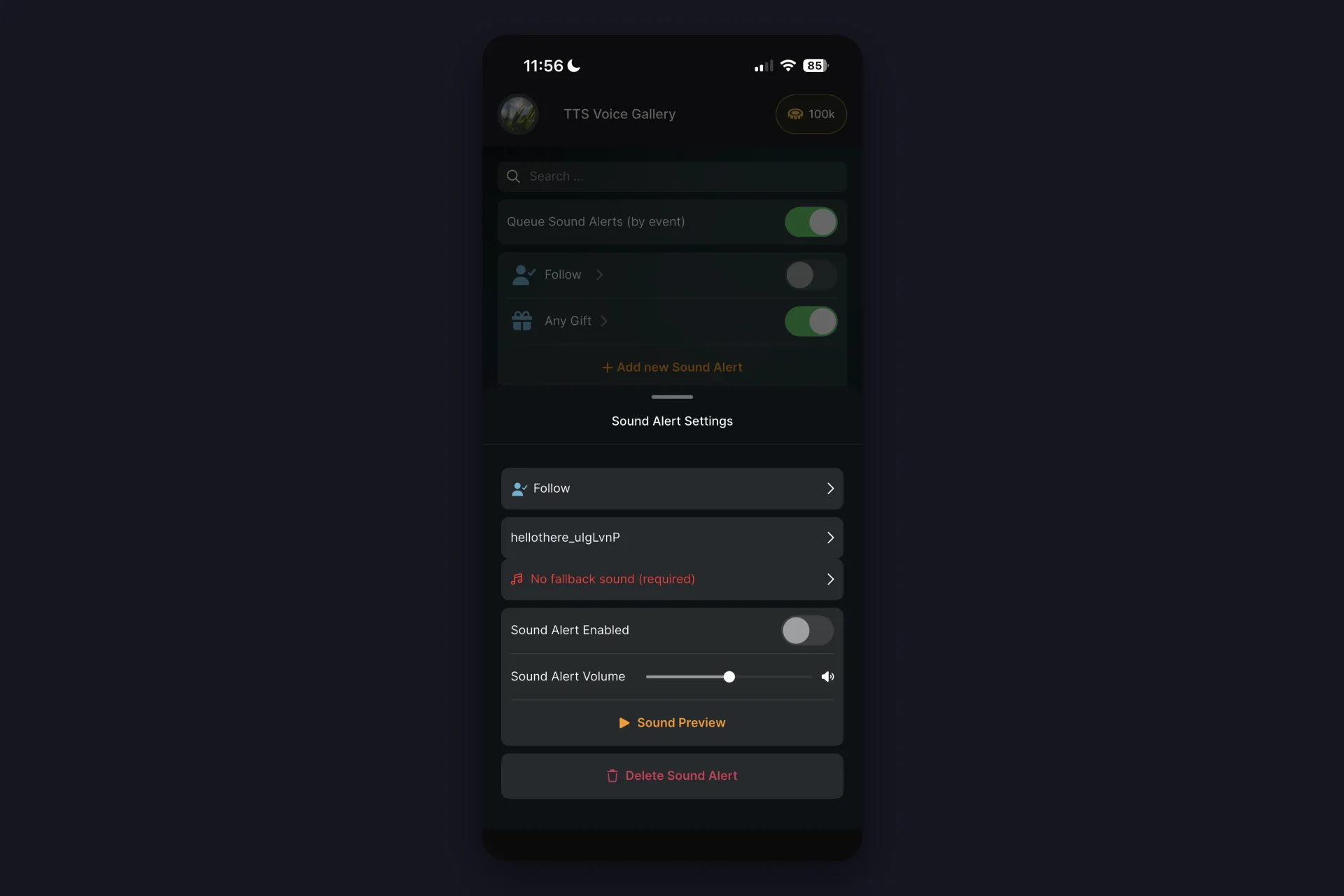 Screenshot - fallback sound required hint in the Sound Alert Settings