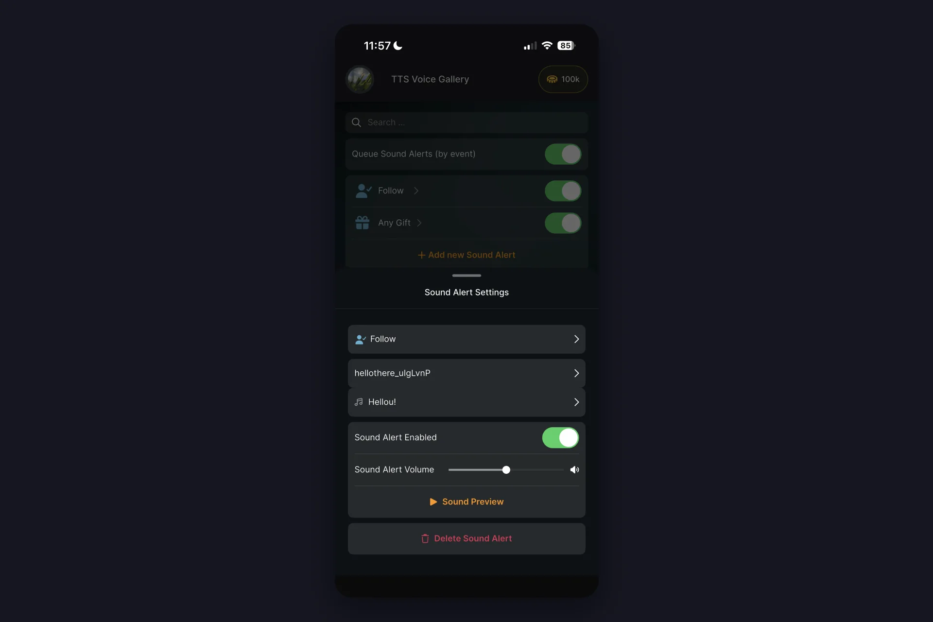 Screenshot - the finished Follow alert in TikFinity Mobile with custom sound, fallback and enabled toggle