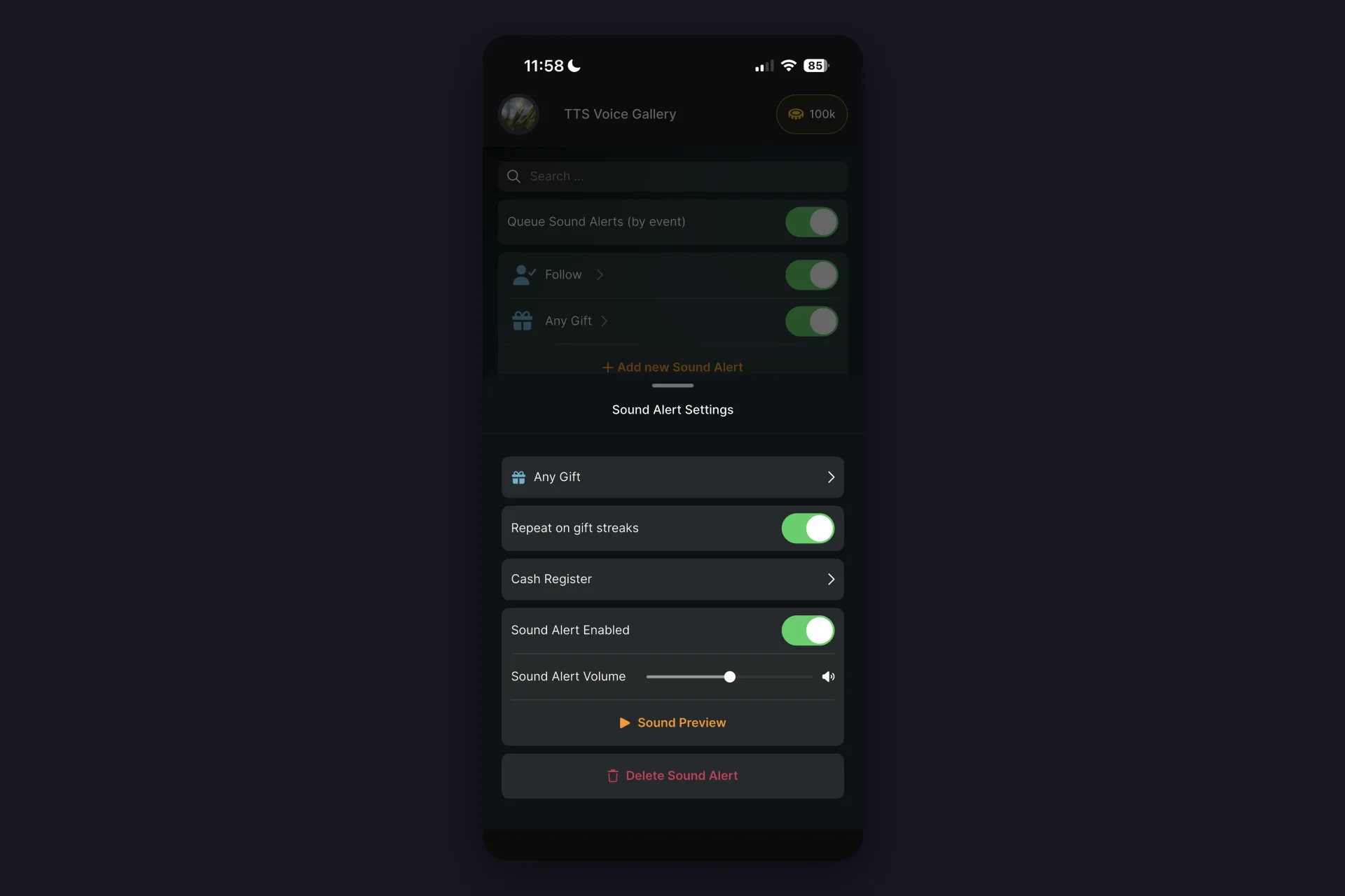 Screenshot - Any Gift alert settings in TikFinity Mobile with Repeat on gift streaks