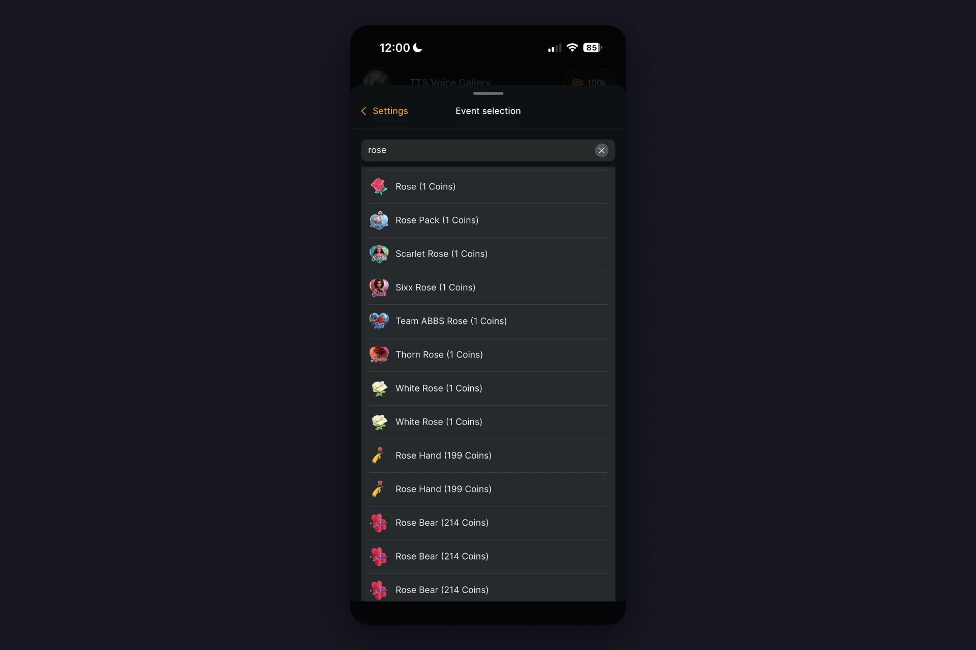 Screenshot - event selection in TikFinity Mobile with the gift search showing Rose results