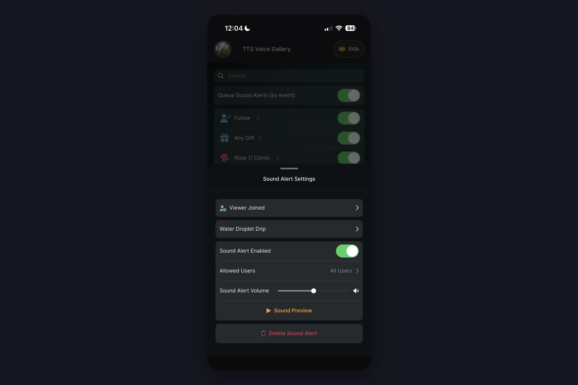 Screenshot - Viewer Joined alert settings in TikFinity Mobile with a subtle sound