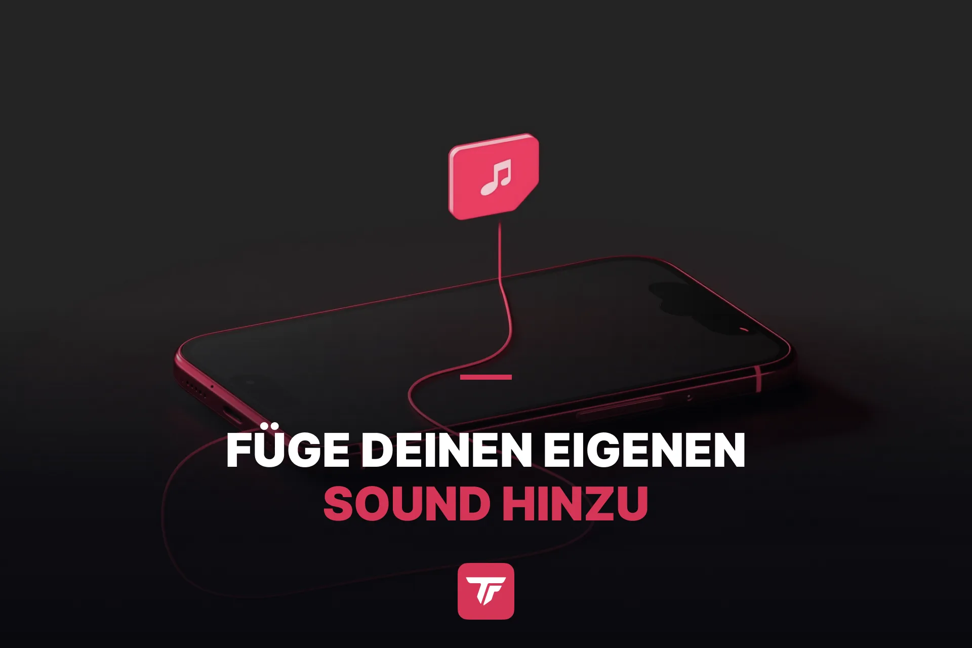 Smartphone liegt auf dunkler Oberfläche, darüber schwebt ein leuchtendes Audio-Datei-Icon, dark moody style