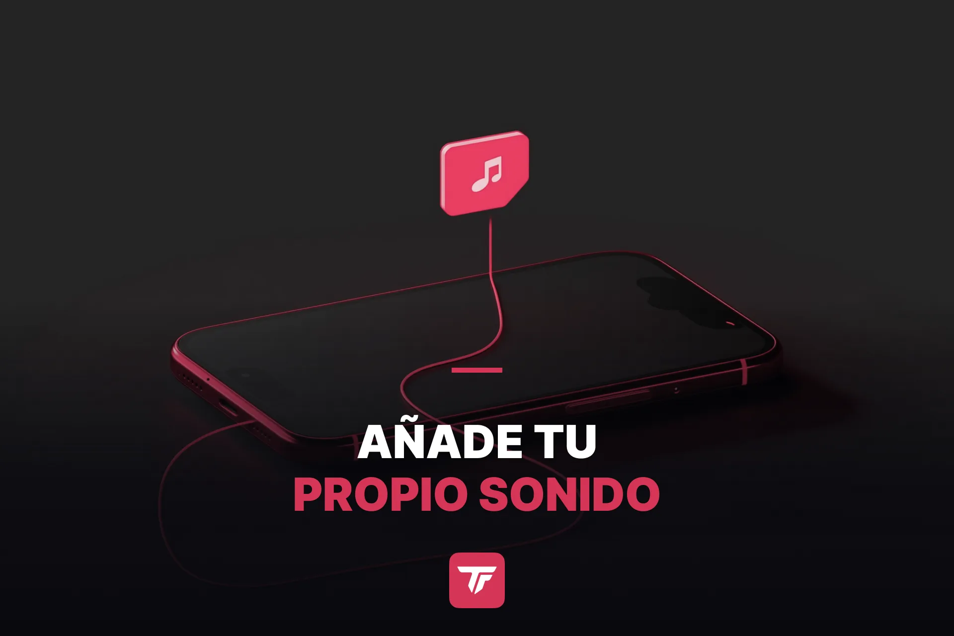 Smartphone sobre una superficie oscura con un icono de archivo de audio brillante flotando encima, estilo dark moody