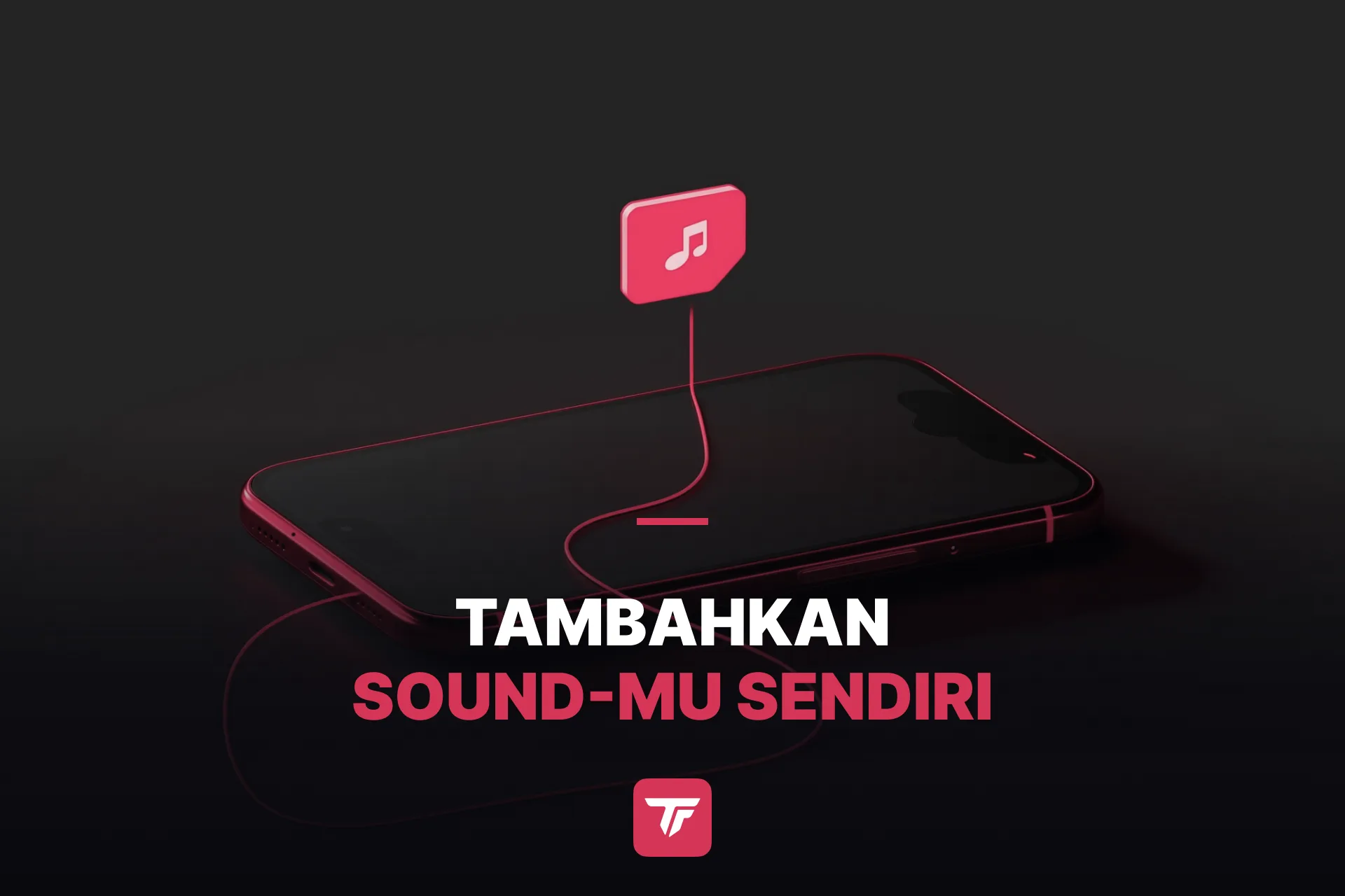 Smartphone tergeletak di permukaan gelap dengan ikon file audio menyala melayang di atasnya, gaya dark moody