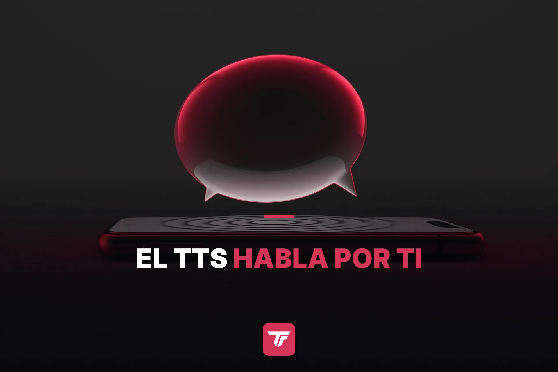 Una gran burbuja de diálogo flota tranquila sobre un smartphone tumbado, estilo dark moody