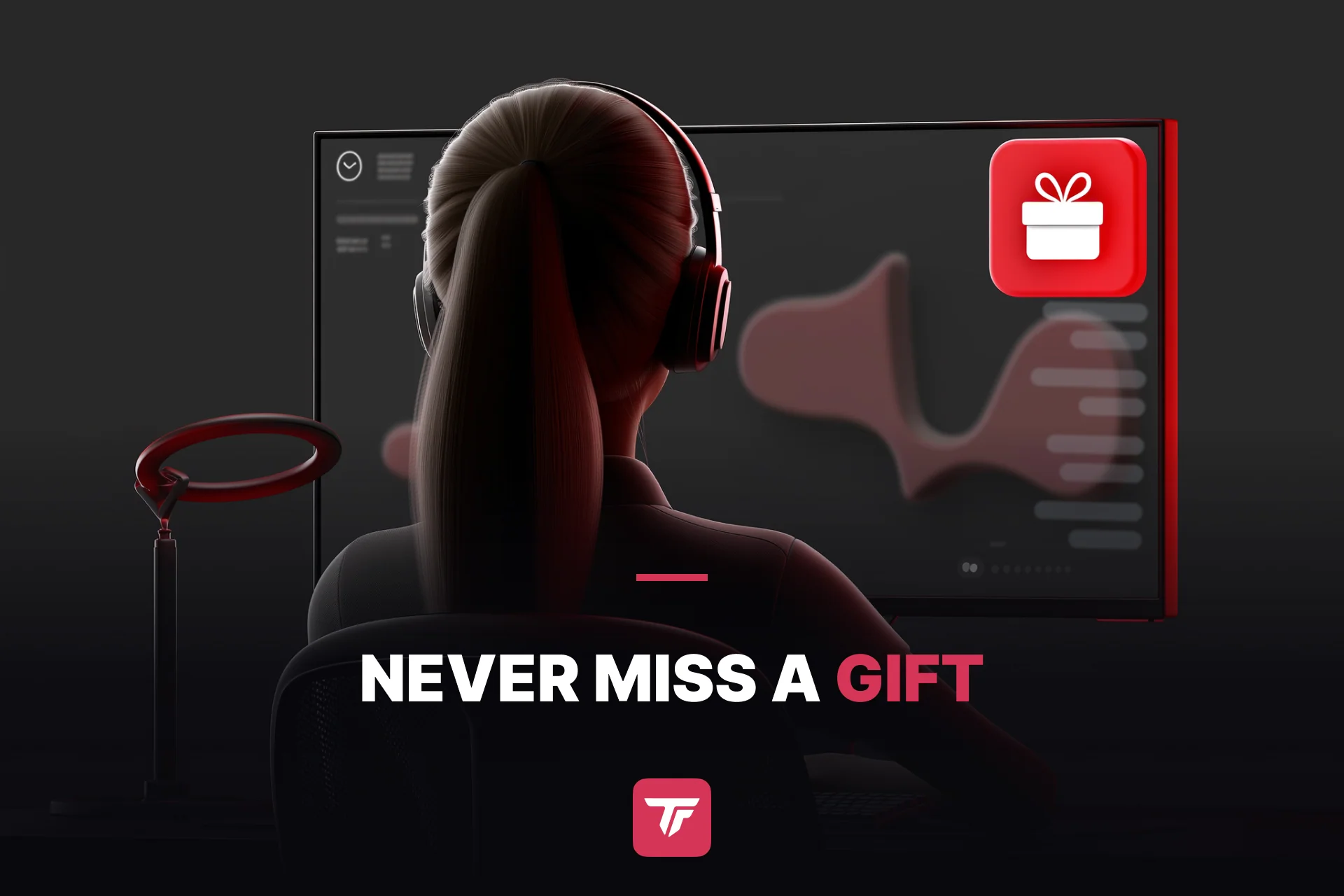 over-the-shoulder view of a TikTok streamer live on stream, with a colorful gift alert popping up on her screen