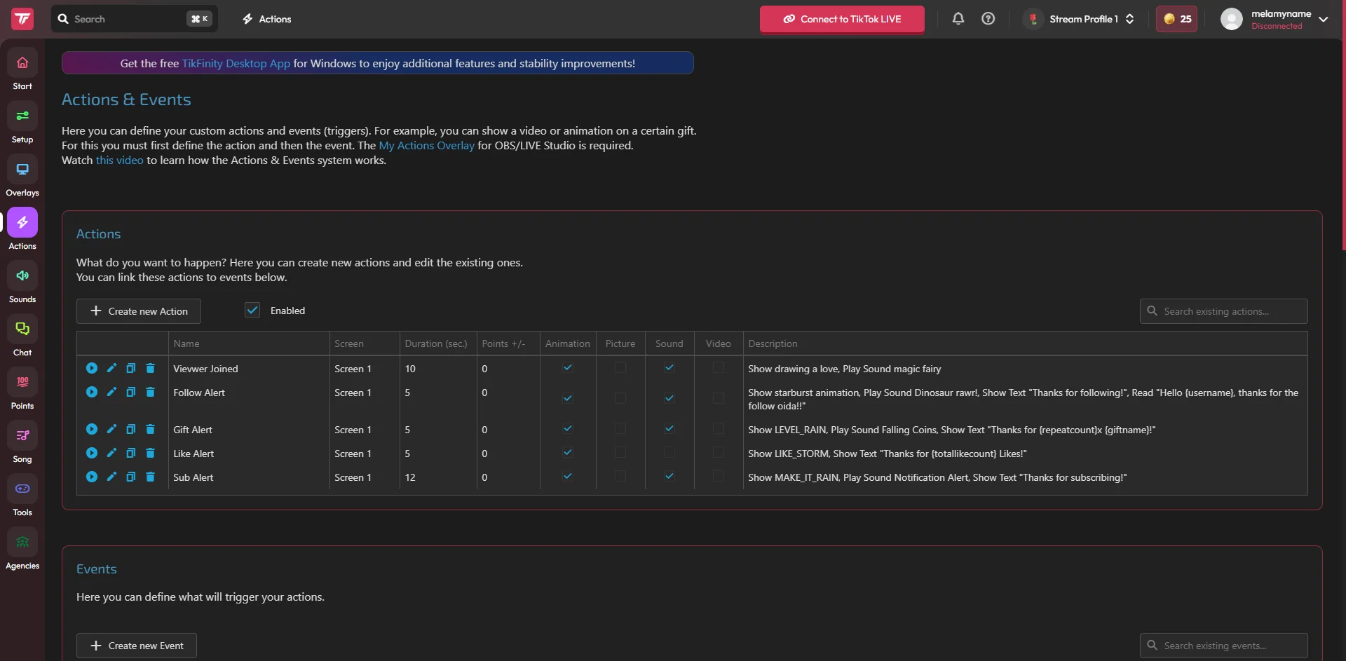 Screenshot - TikFinity Actions & Events page with gift, follow and sub alert actions configured