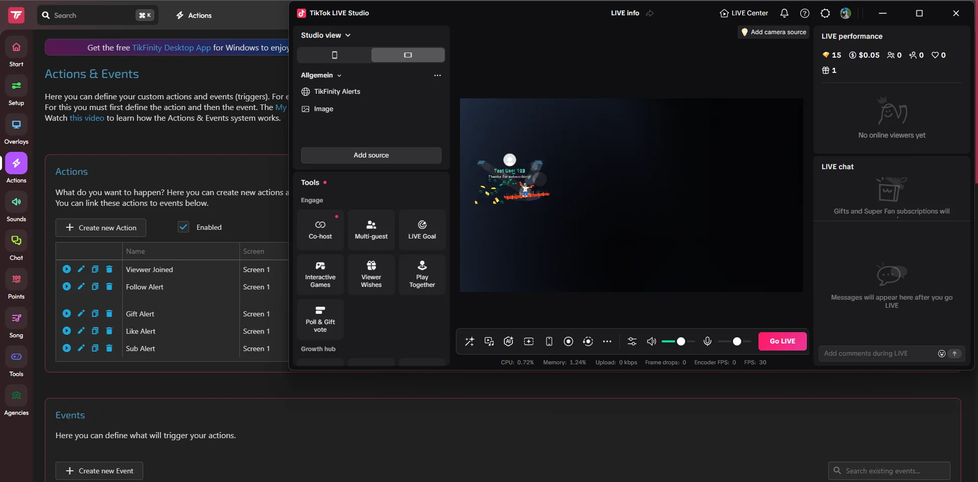 Screenshot - TikFinity sub alert firing in TikTok LIVE Studio, with the Actions & Events page open in the background