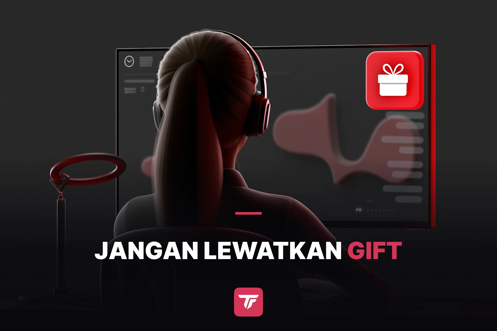 tampilan over-the-shoulder streamer TikTok yang sedang live, dengan gift alert warna-warni muncul di layarnya
