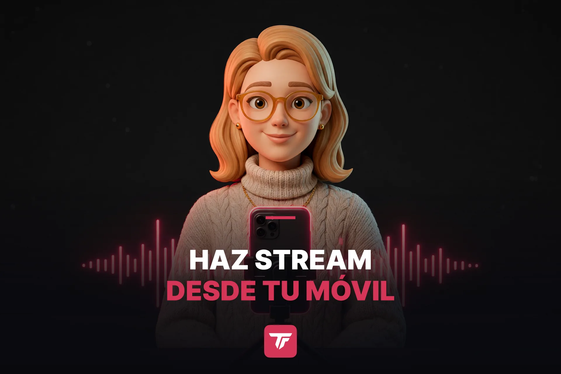 Streamer haciendo un directo desde el sofá con su móvil en un pequeño trípode, ondas de sonido de colores y un icono de regalo apareciendo alrededor del móvil