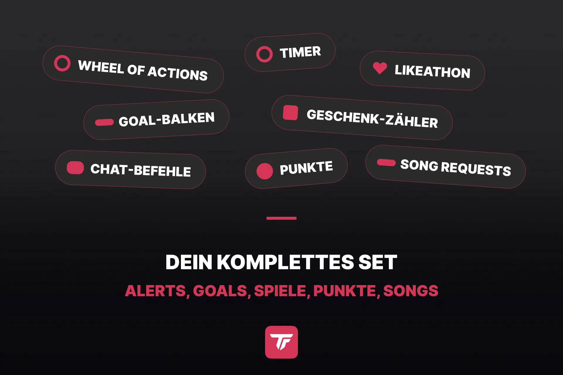 Grafik, verspielt: alles, was du mit TikFinity machen kannst, auf einem Bild, Glücksrad, Timer, Likeathon, Goal-Balken, Geschenk-Zähler, Chat, Punkte, Song Requests