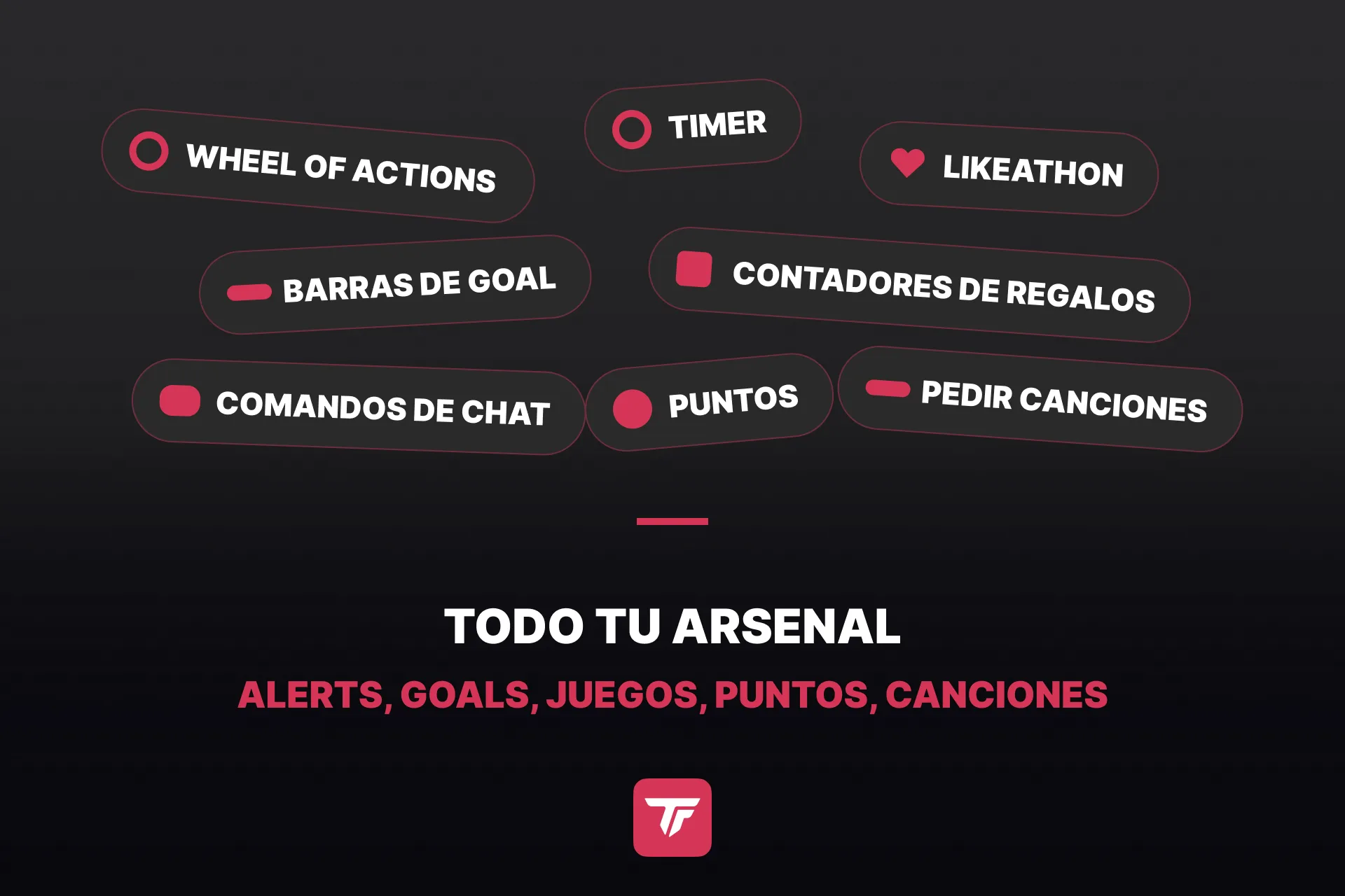 gráfico, juguetón: todo lo que puedes montar con TikFinity en una sola imagen, ruleta, timer, likeathon, barras de goal, contadores de regalos, chat, puntos, peticiones de canciones