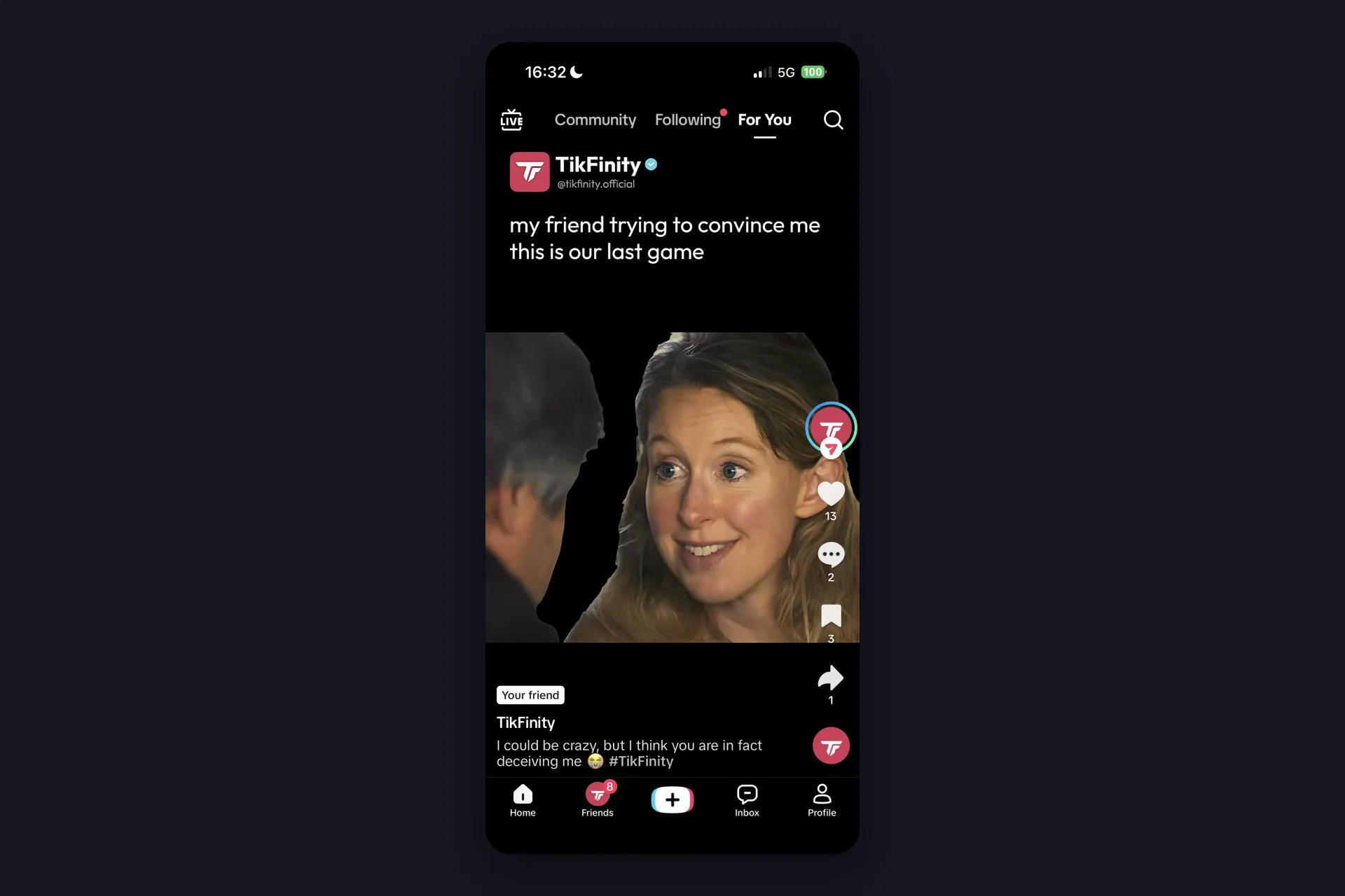 Screenshot - TikTok iOS app - For You page with the Add post plus button in the bottom bar, a TikFinity video playing