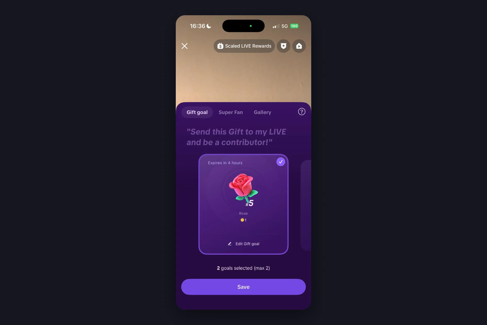 Screenshot - TikTok iOS app - LIVE goal picker with the Gift goal tab, a gift goal of five roses and two goals selected