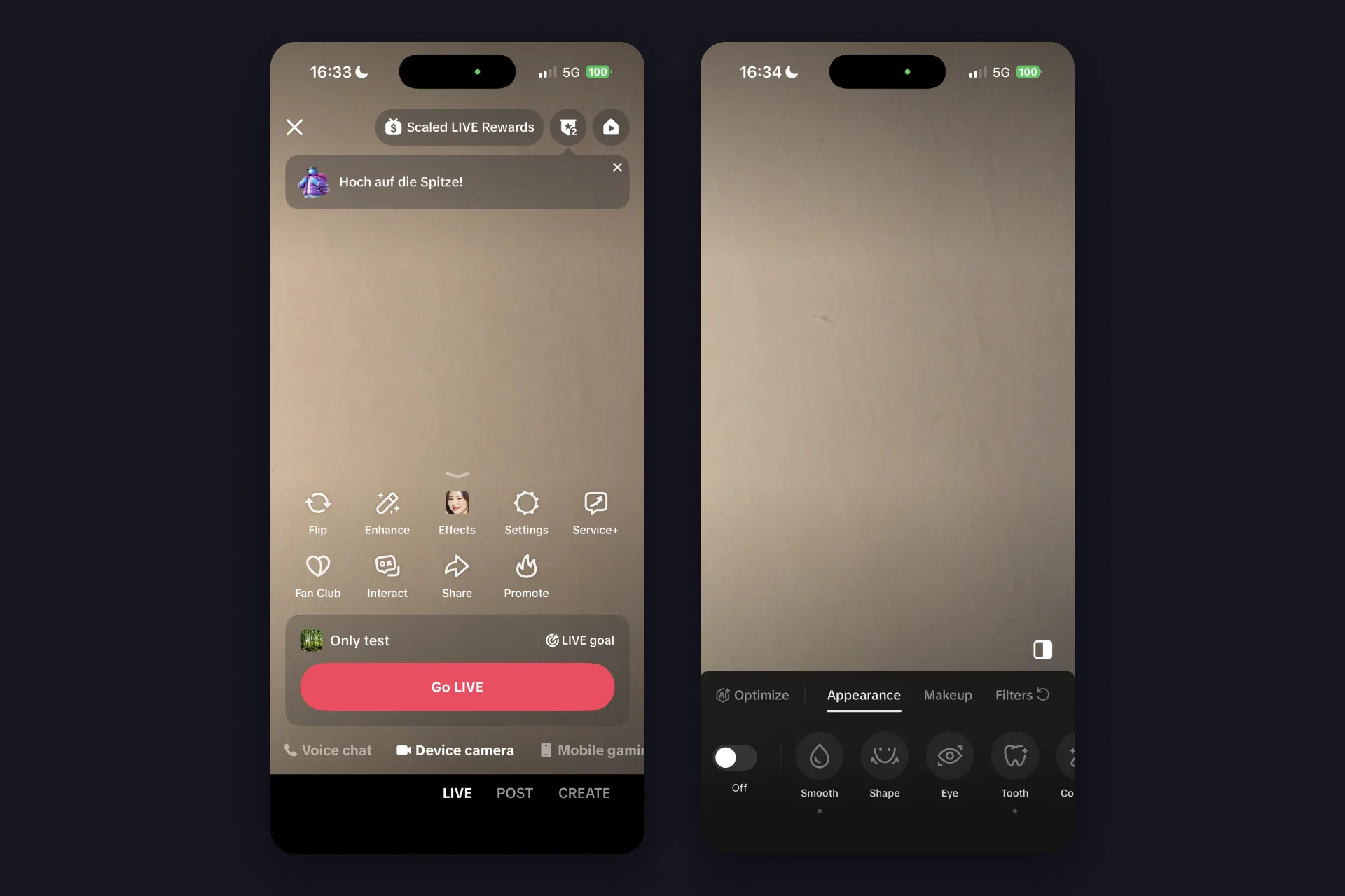 Screenshot - TikTok iOS app - LIVE preview with the title field, LIVE goal, the tool row from Flip to Promote and the red Go LIVE button, next to it the Enhance panel with Appearance, Makeup and Filters