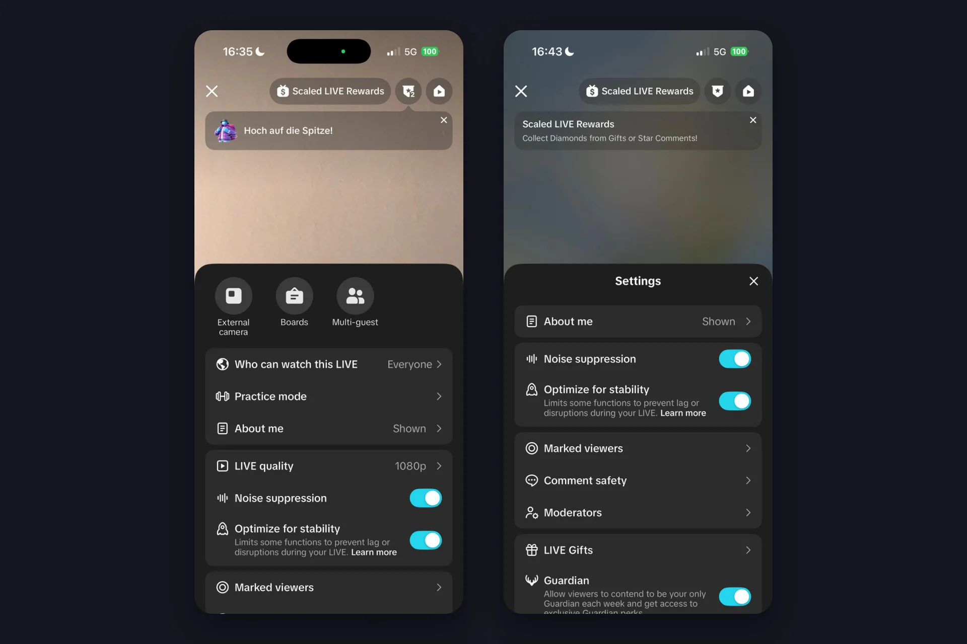 Screenshot - TikTok iOS app - LIVE Settings sheet with Who can watch this LIVE, Practice mode, About me, LIVE quality 1080p, Noise suppression and Optimize for stability