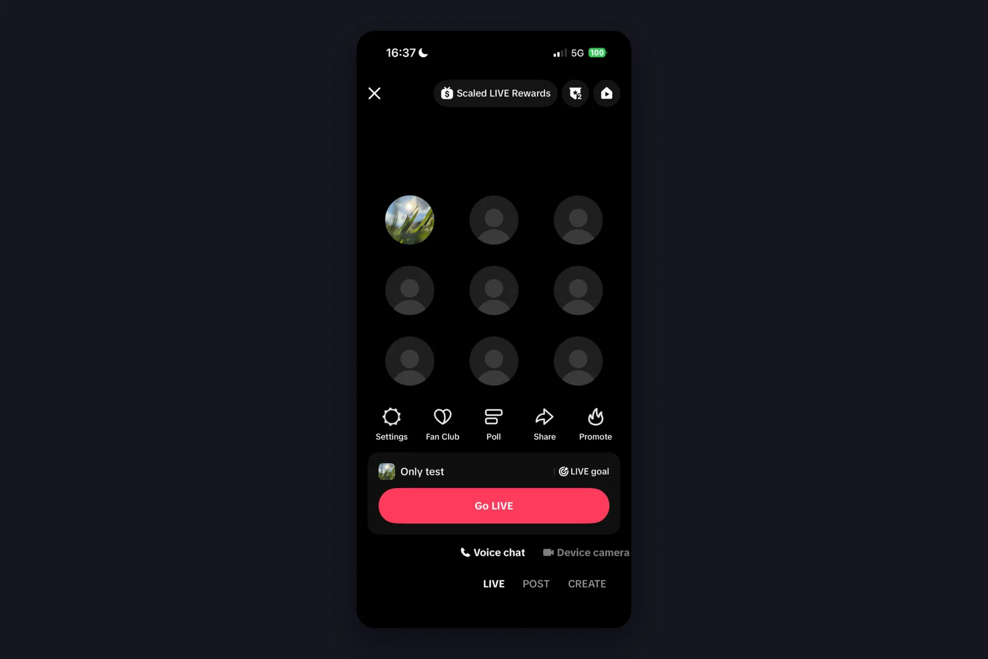 Screenshot - TikTok iOS app - Voice chat LIVE mode with the nine-seat grid, the tool row and the Go LIVE button
