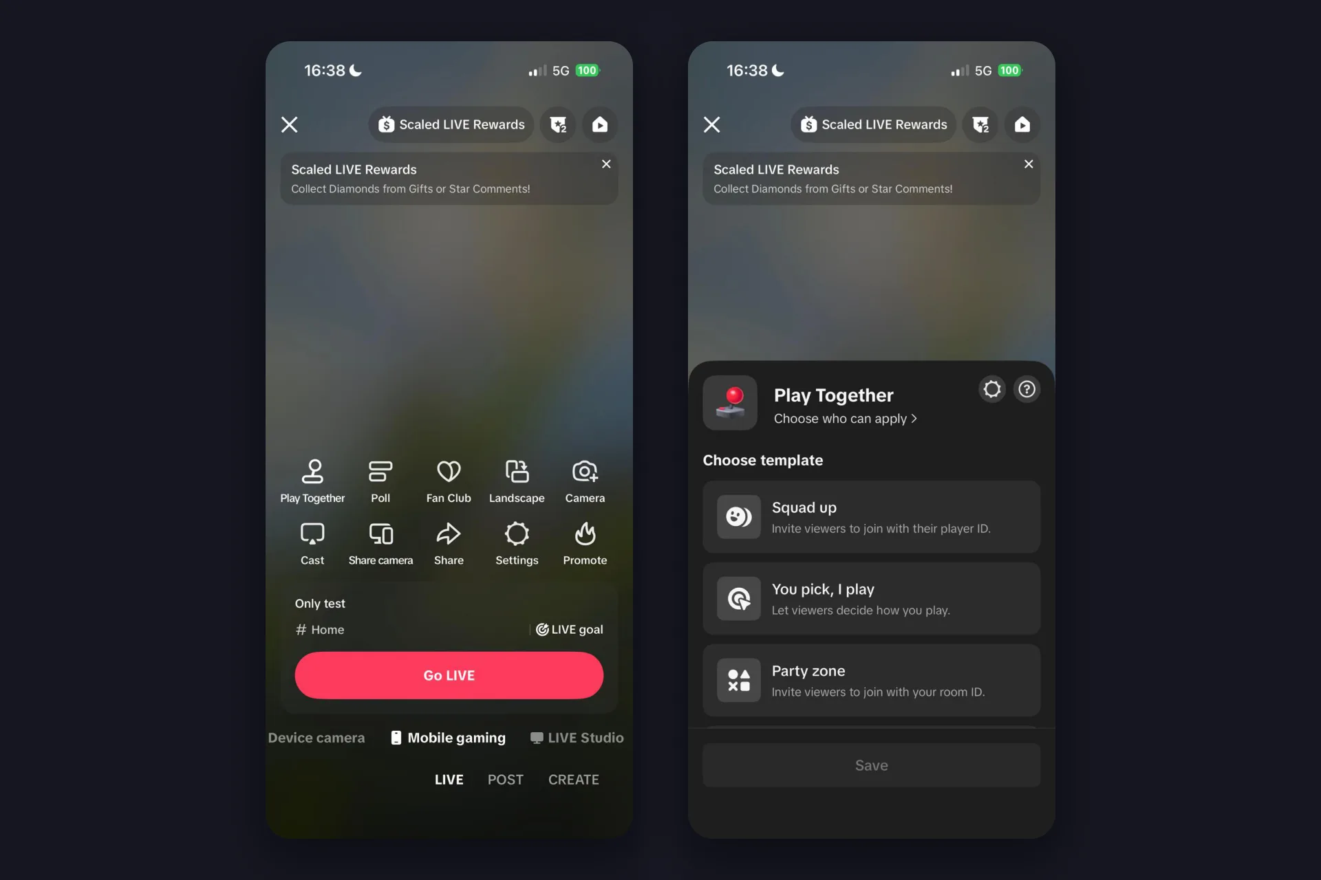 Screenshot - TikTok iOS app - Mobile gaming LIVE mode with Play Together, Poll, Fan Club, Cast and Share camera, topic line and Go LIVE